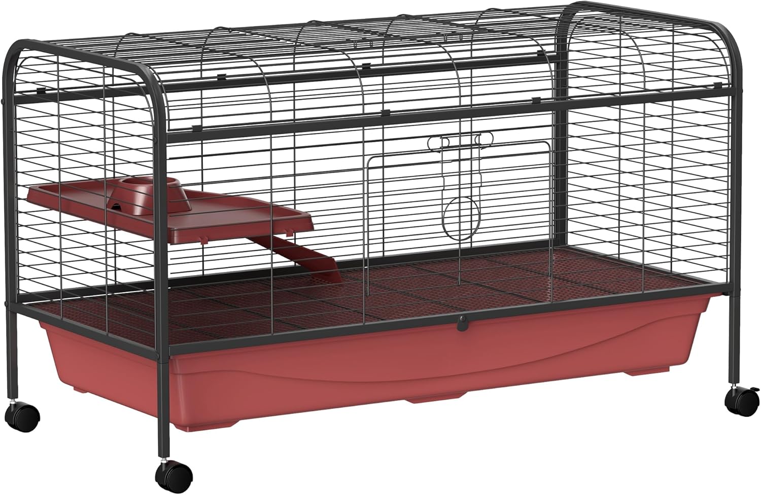 PawHut 41" L Small Animal Cage Rabbit Hutch with Feeder, Rolling Wheels Red