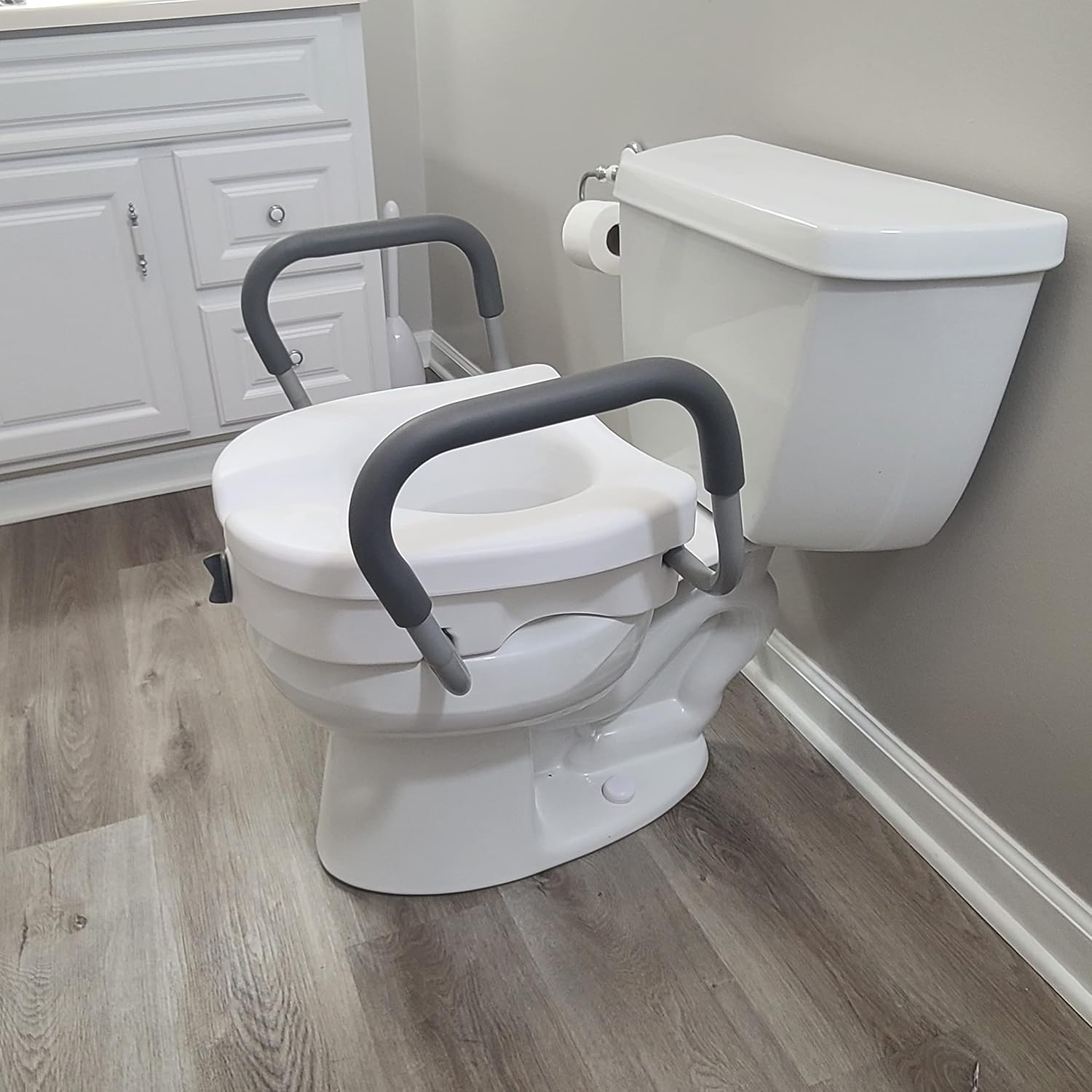 Carex E-Z Lock Toilet Seat and Safety Frame Combo Pack, 5-Inch Height Lift Seat Riser for Elderly and Handicap