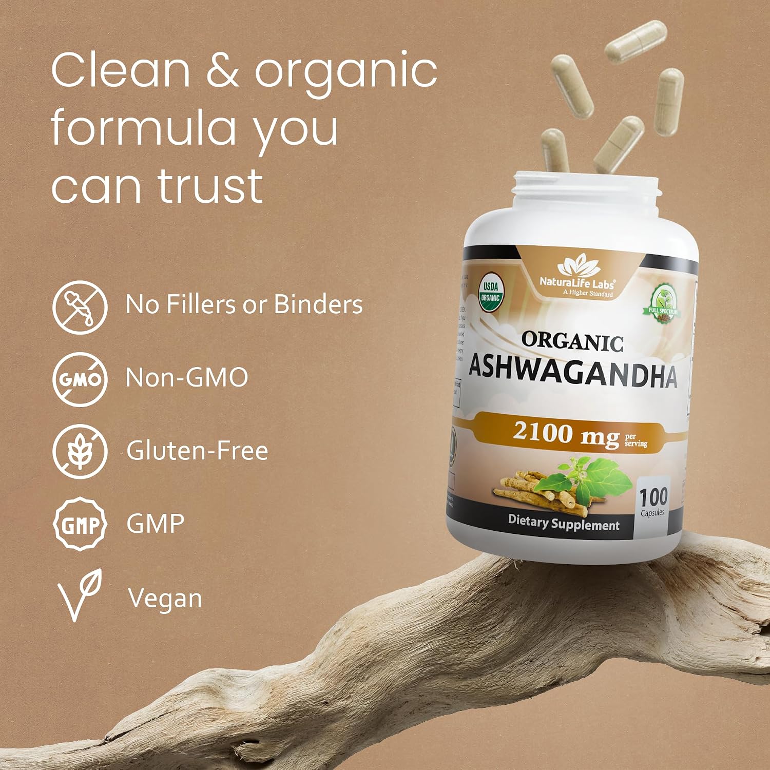 NaturaLife Labs Organic Ashwagandha 2100 mg per Serving – Full Spectrum Root Powder and Standardized Extract (Withanolides) – 100 Capsules – Vegan – Non-GMO, Gluten-Free