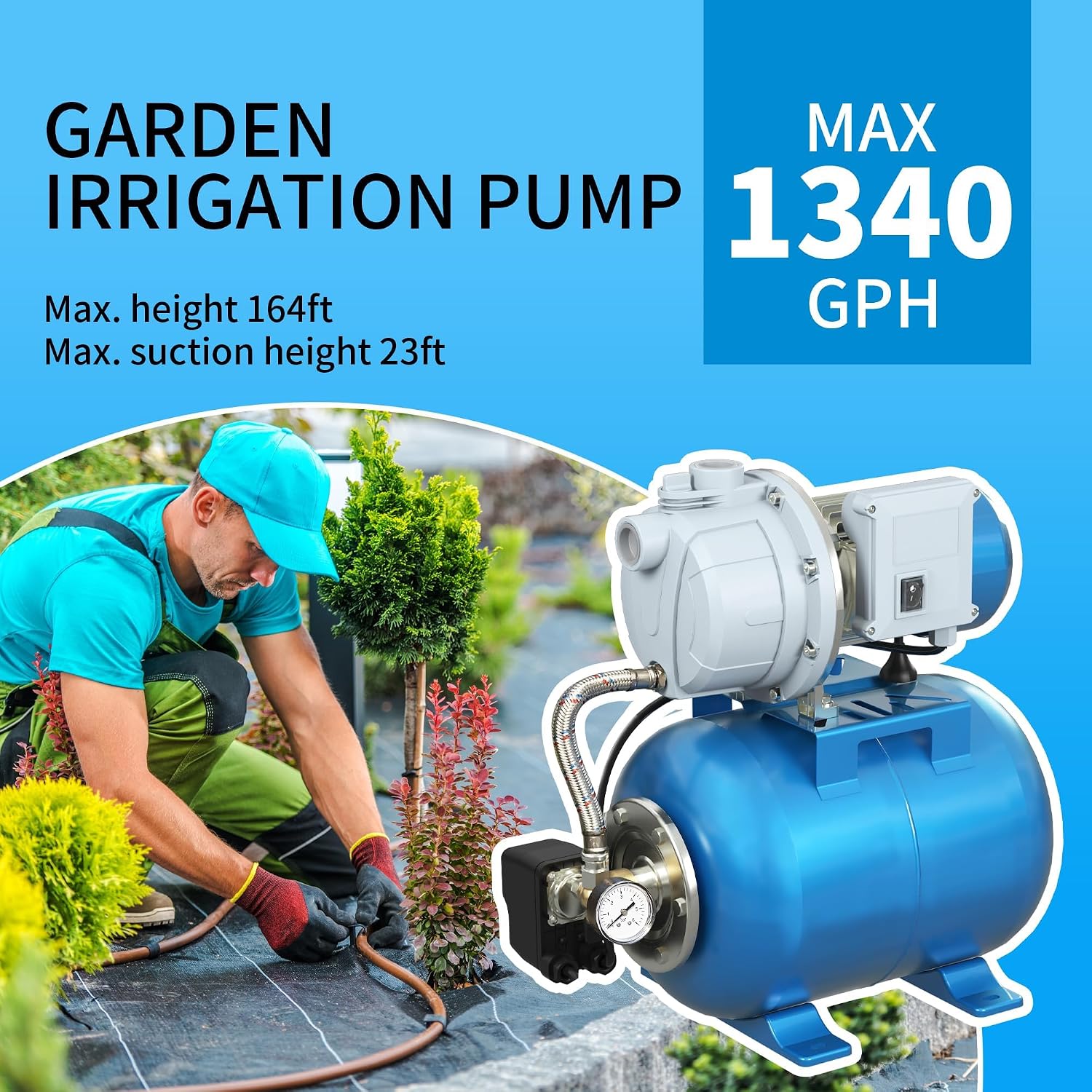 FOTING 1.5HP Shallow Well Pump with Pressure Tank, 1340GPH Automatic Irrigation Water Booster Jet Pump