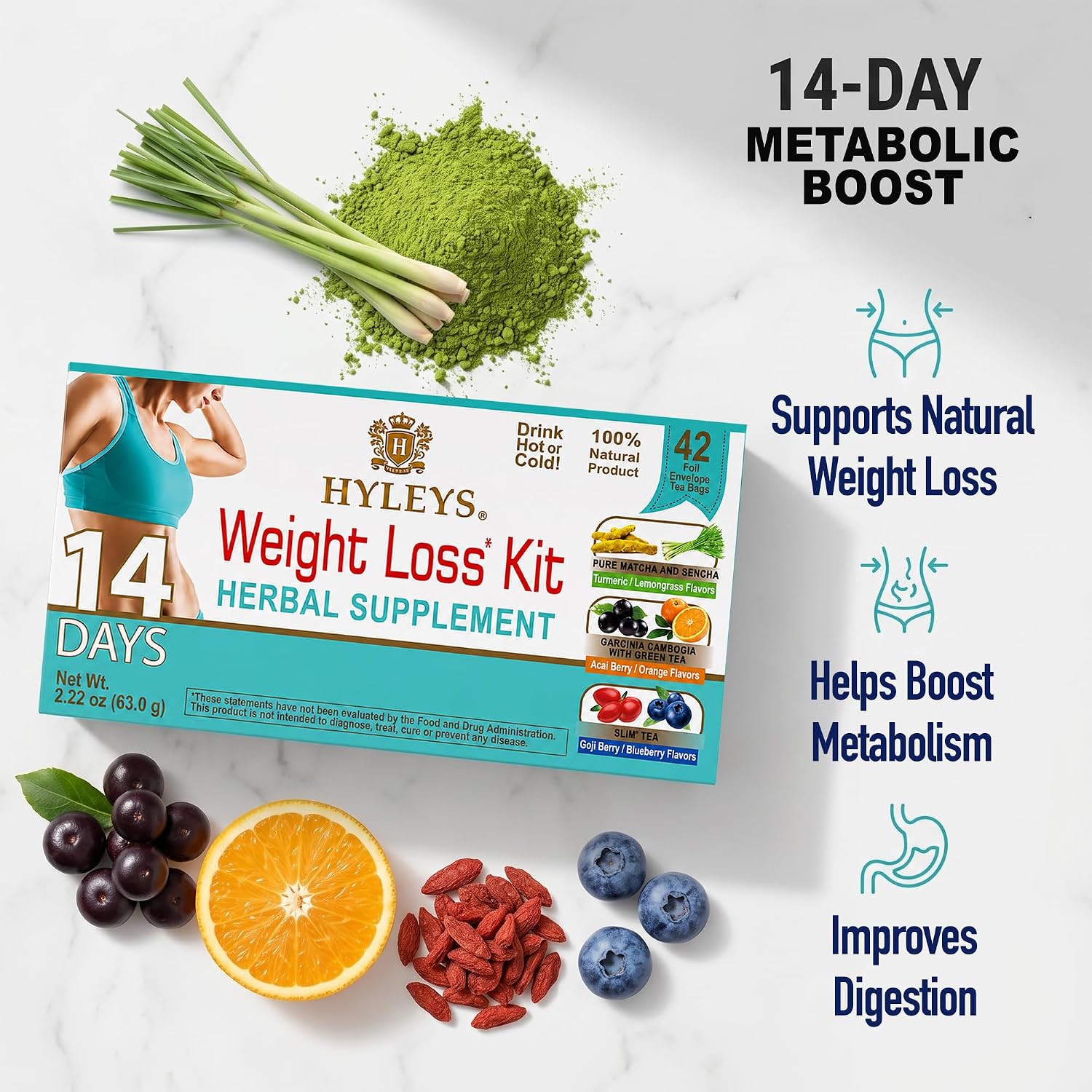 Hyleys 14 Day Weight Loss Tea, Garcinia & Matcha Green Tea, 42 Tea Bags
