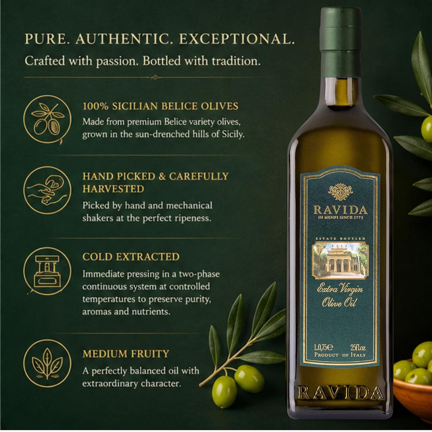 Ravida Extra Virgin Olive Oil, 25 Fl Oz– Multi Award-Winning Sicilian EVOO, Cold Extracted, Medium Fruity, Premium First Cold Pressed Olive Oil