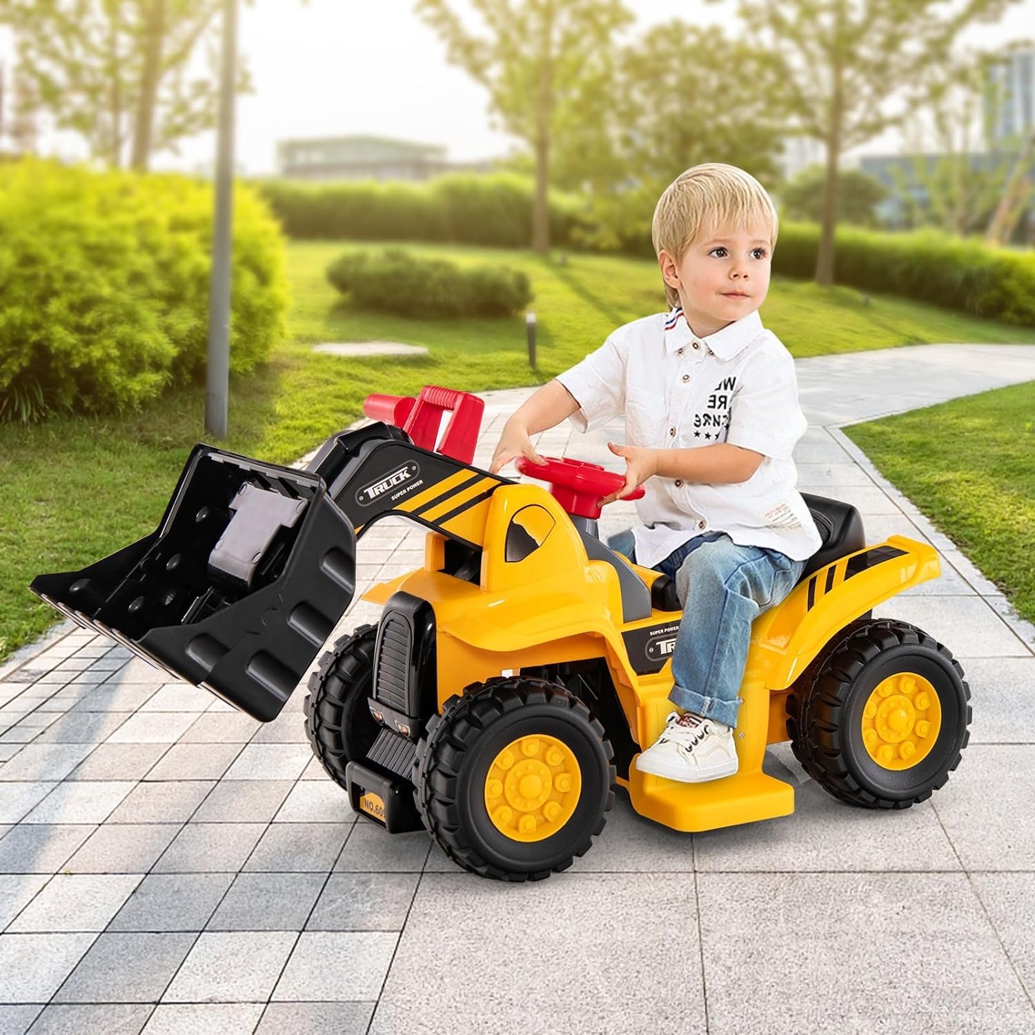 Costzon Ride on Excavator, Ride on Construction Vehicles w/Helmet, 3 Toy Stones, Realistic Sound, Adjustable Bucket & Under Seat Storage, Bulldozer Ride on Toy Gift for Kids Boys & Girls