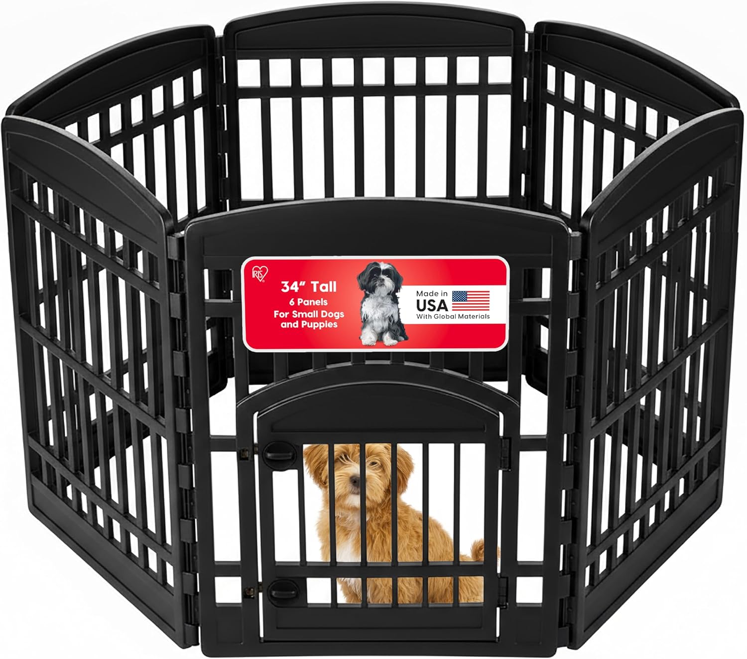 IRIS USA 4-Panel Dog Playpen, Pet Enclosure, Black | Pet Containment, Configurable Layout, Multi-Shape Setup, Custom Pen Configuration, Stable Non-Tip Base, Tool-Free Assembly