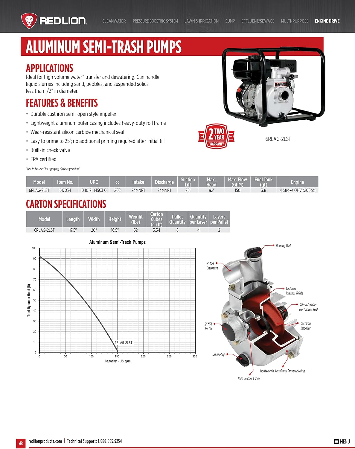 Red Lion 6RLAG-2LST Semi-Trash Gas Powered Transfer Pump, 150 GPM, 208cc