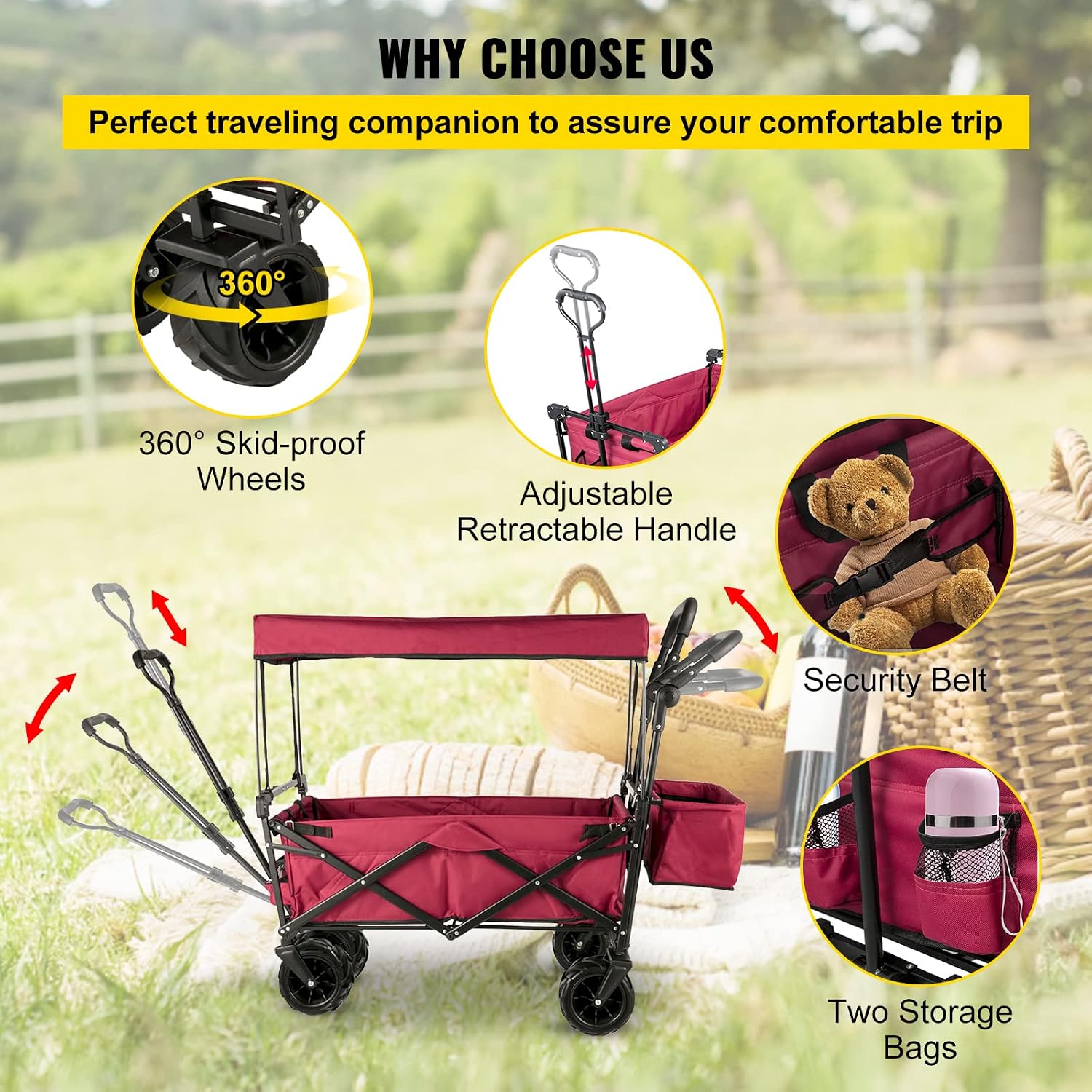 Happbuy Collapsible Wagon with Removable Canopy, 220lbs Heavy Duty Foldable Beach Wagon with Big Wheels