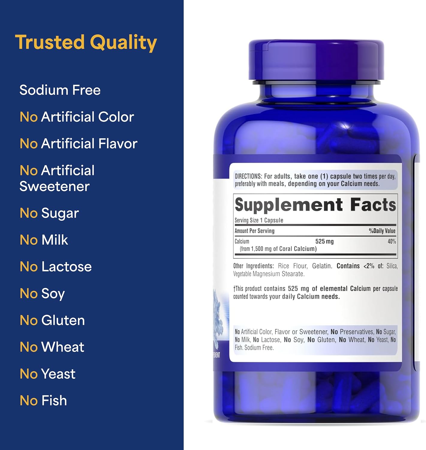 Puritan's Pride Triple Strength Coral Calcium 1500mg with Bone-Active™ | Dietary Supplement For Heart, Nerve, And Muscle Support, 2 Month Supply, 120 Rapid Release Capsules