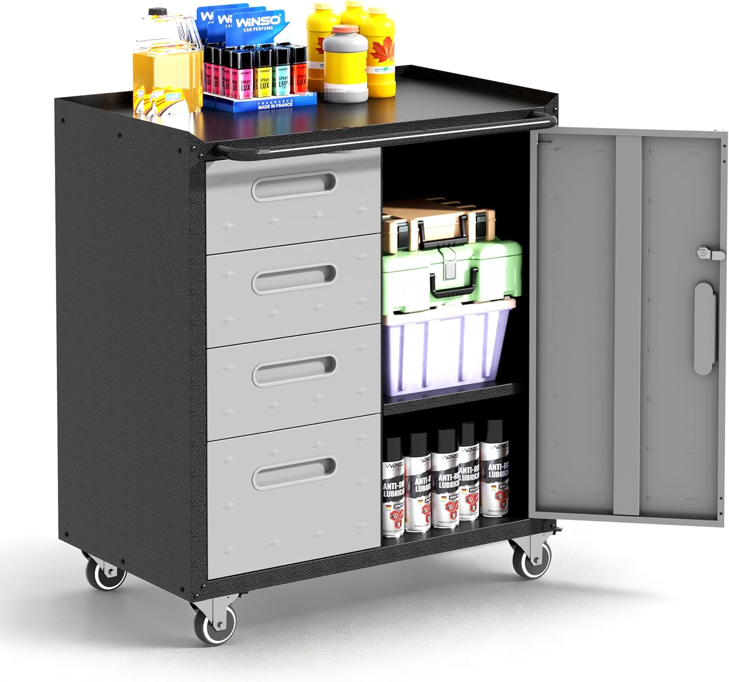 Garage Cabinets,Metal Garage Storage Cabinet with Wheels,Black Lockable Rolling Tool Cabinet with Drawer and Adjustable Shelves,Heavy Duty Tool Chest for Home Office Utility Room
