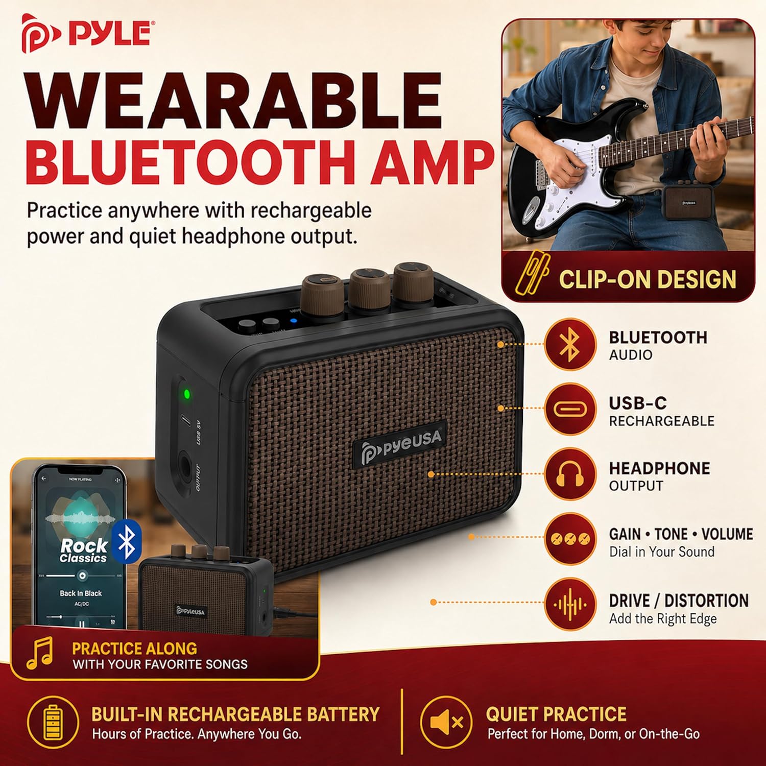 Pyle Electric Guitar and Amp Kit - Full Size 39" Complete Starter Kit with Wearable Bluetooth Amplifier, 1/4” Cable, Carry Case, Strap, Strings, Picks, Cleaning Cloth, ST-Style Pickups (Black)
