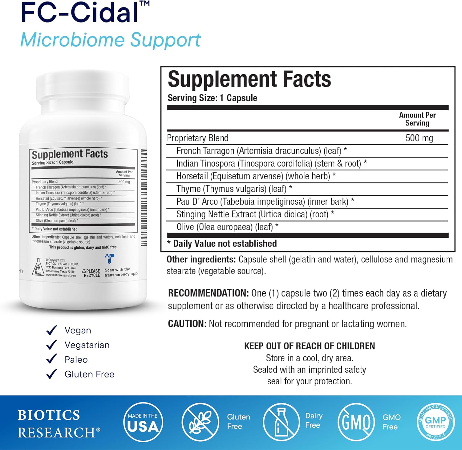 BIOTICS RESEARCH FC Cidal™ Herbal Blend Complete GI Gut Health for Women & Men- 500 mg/Serving - 7 Herbs Proprietary Blend Supplement Supports