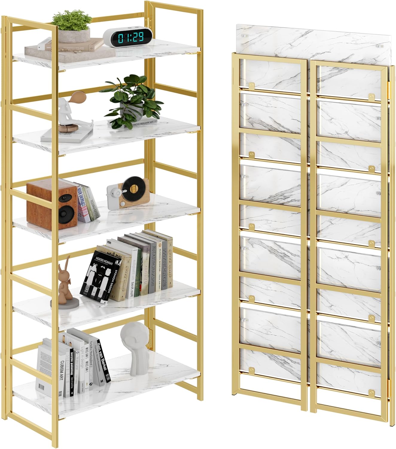 Vintage Multifunctional Folding Bookshelf, No-Assembly Plant Stand Storage Rack Shelves for Home Office (Fire, 5-Tier)