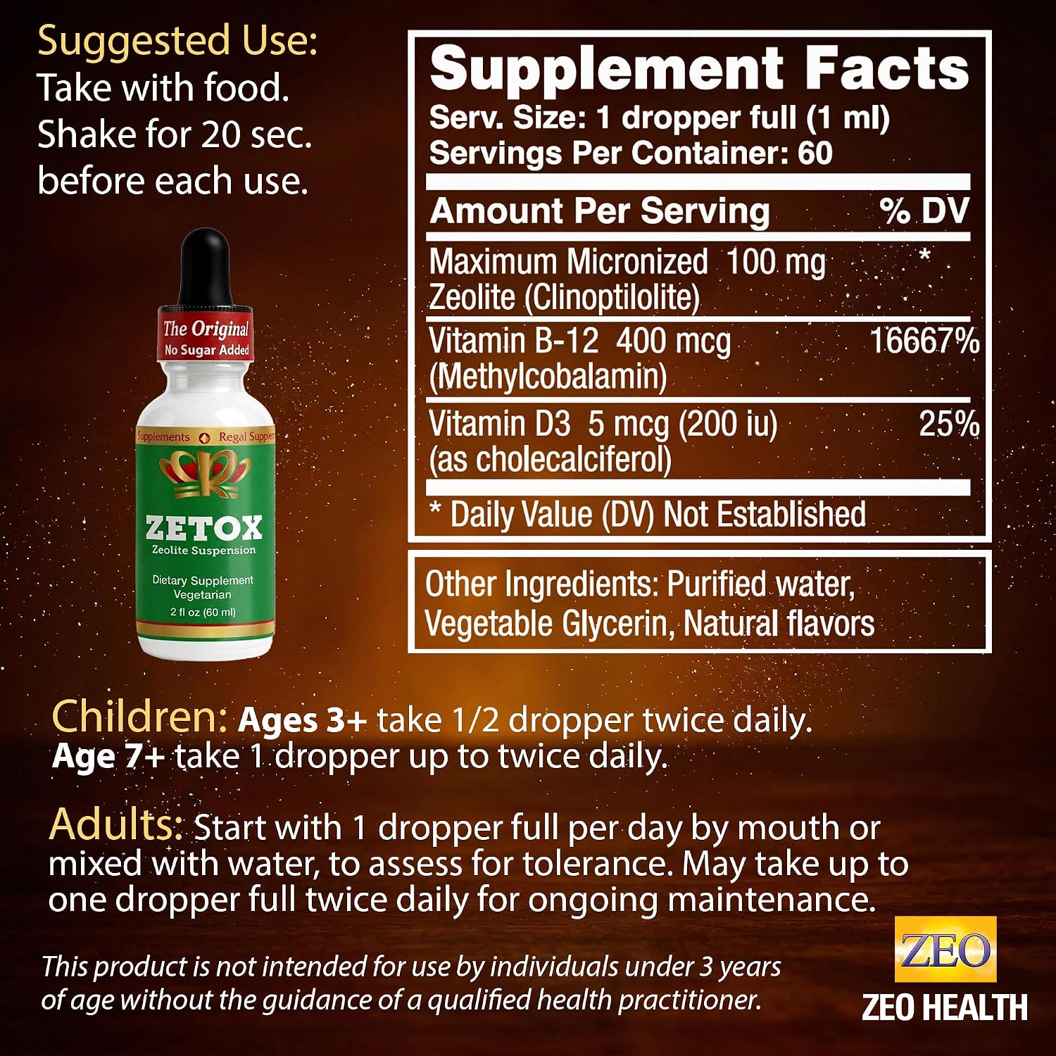 ZETOX | Zeolite Detox for Kids and Adults | Enhanced with Methyl Vitamin B12 and D3 | Premium Grade Liquid Clinoptilolite Zeolite Drops | Supports
