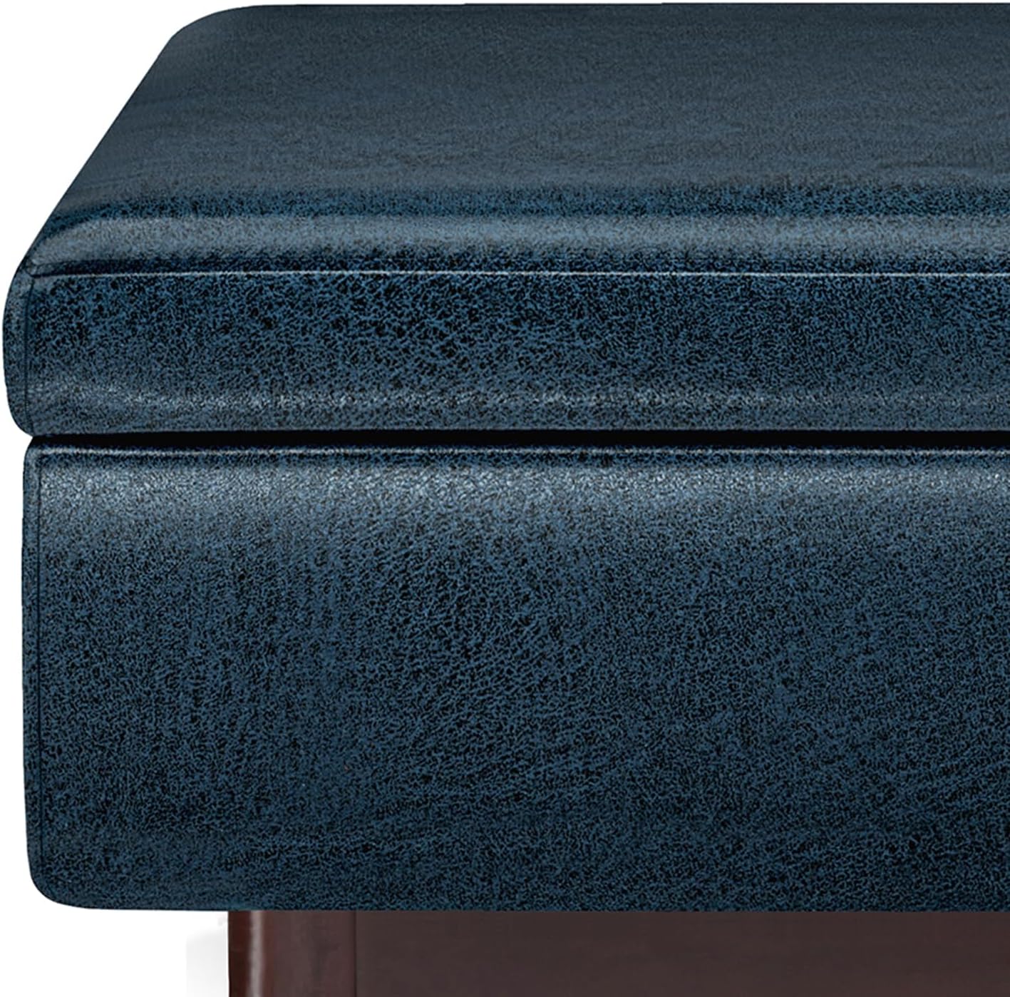 SIMPLIHOME Owen 34" Wide Vegan Leather Lift Top Ottoman in Dark Blue