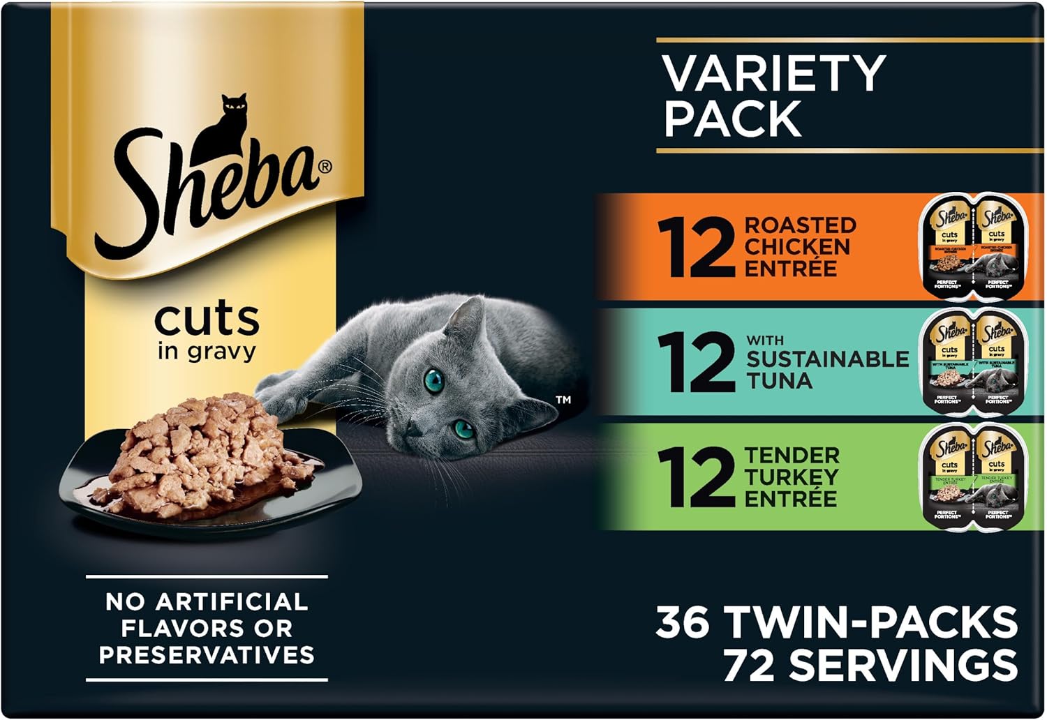 Sheba Perfect Portions Cuts Wet Cat Food, Chicken & Turkey, 2.6 oz, 12 ct | Grain-free, Roasted Chicken & Tender Turkey, adult cat food, protein-rich, no fillers or artificial flavors, twin-pack trays