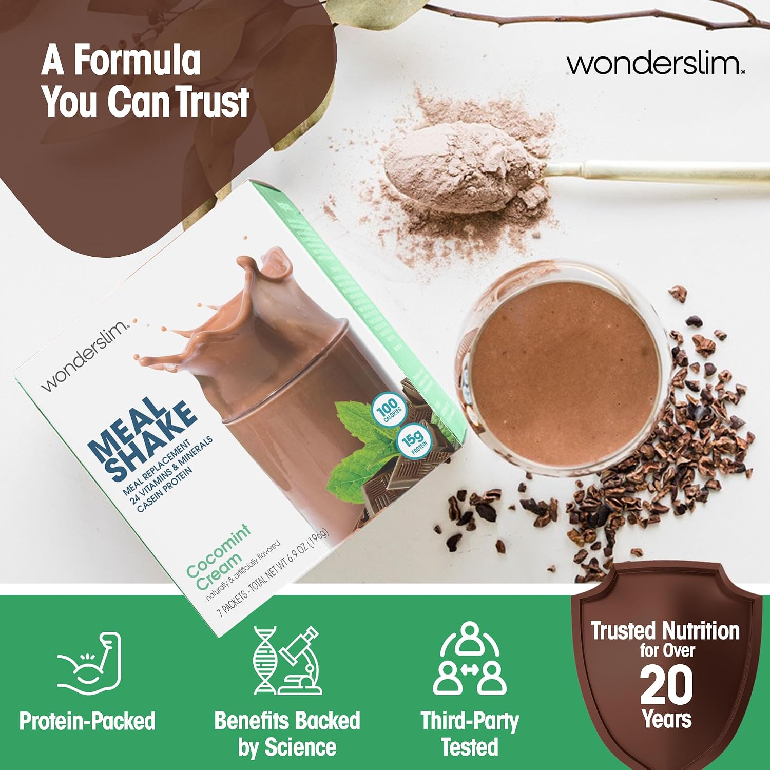 WonderSlim Protein Meal Replacement Shake – 15g Protein, 24 Vitamins & Minerals, Low Carb, Low Calorie, Gluten Free – Meal Replacement Drink for Weight Management, 7 Count Packets (Dark Cocoa Cream)