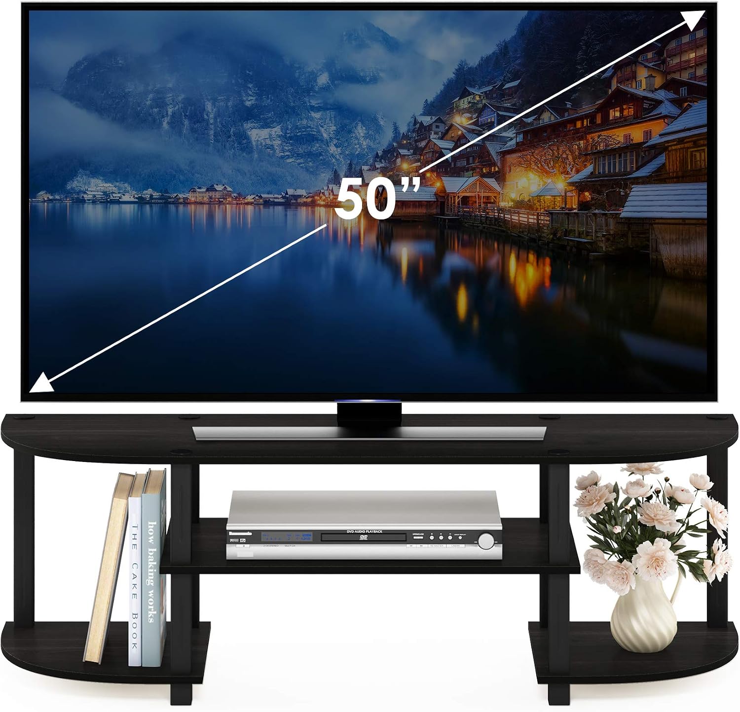 Furinno TURN-S-TUBE 3-Tier TV Stand for TVs up to 55 Inch, French Oak | Toolless Entertainment Center with Open Storage Shelves, Media Console Table with Soundbar Shelf for Living Room, Bedroom