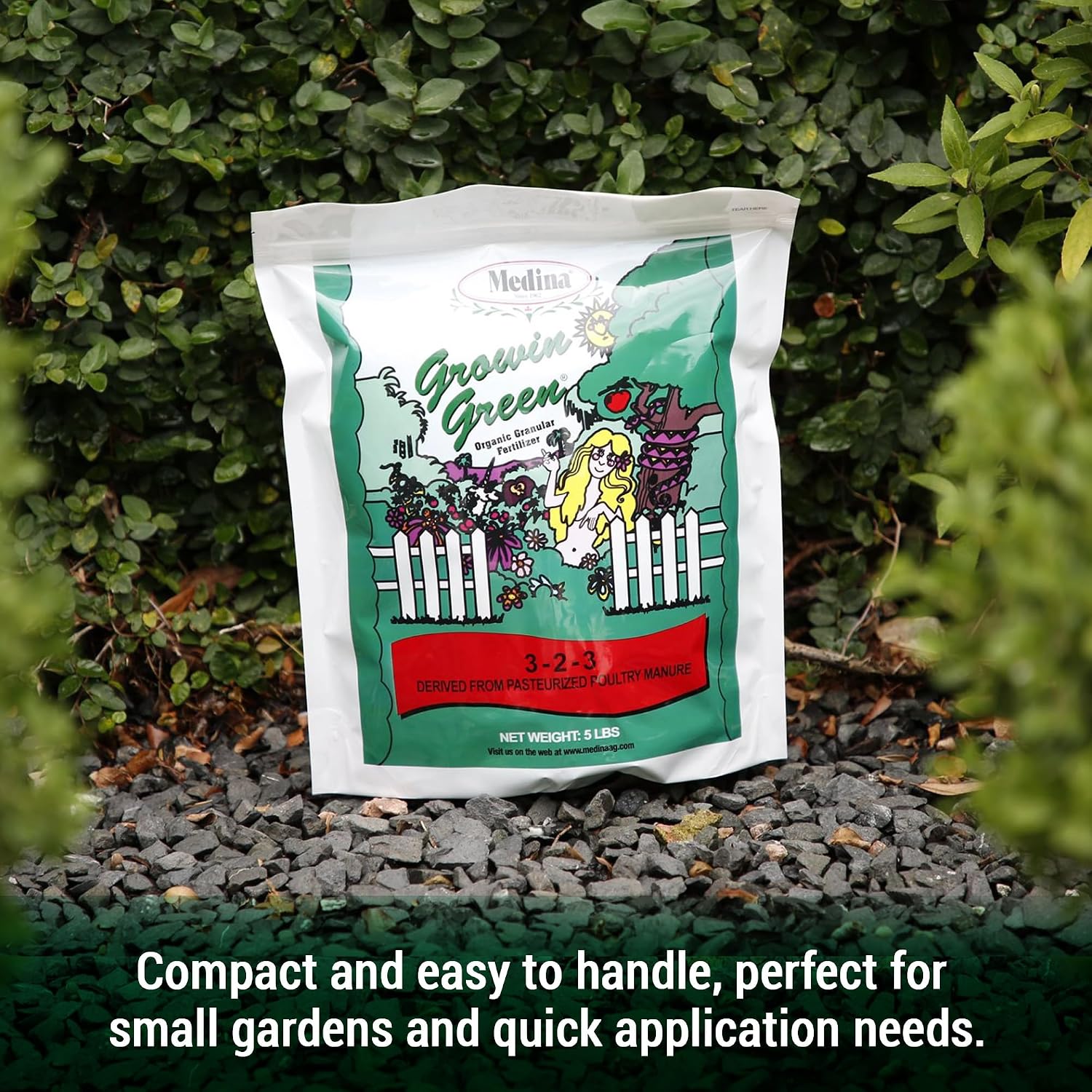 Medina Growin Green Organic Granular Fertilizer, 5 lb Bag, 3-2-3 | Nutrient Rich Soil Enhancer, Granules for Lush Gardens, Lawns, and Plants