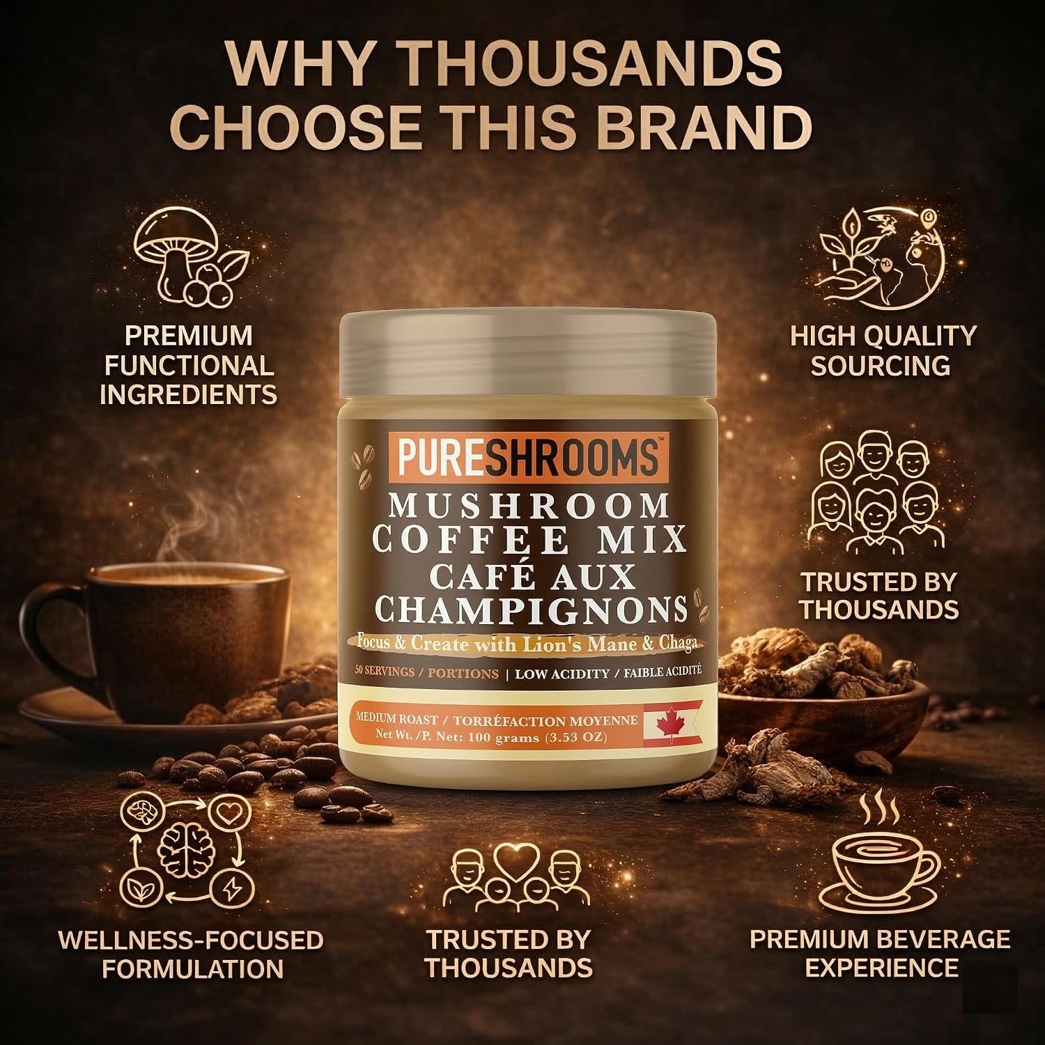 PureShrooms Mind & Body Mushroom Coffee - Instant Colombian Arabica with Organic Lion’s Mane, Reishi & Cordyceps - Low Acidity Nootropic Superfood Beverage for Focus & Vitality, 35 Servings/70g