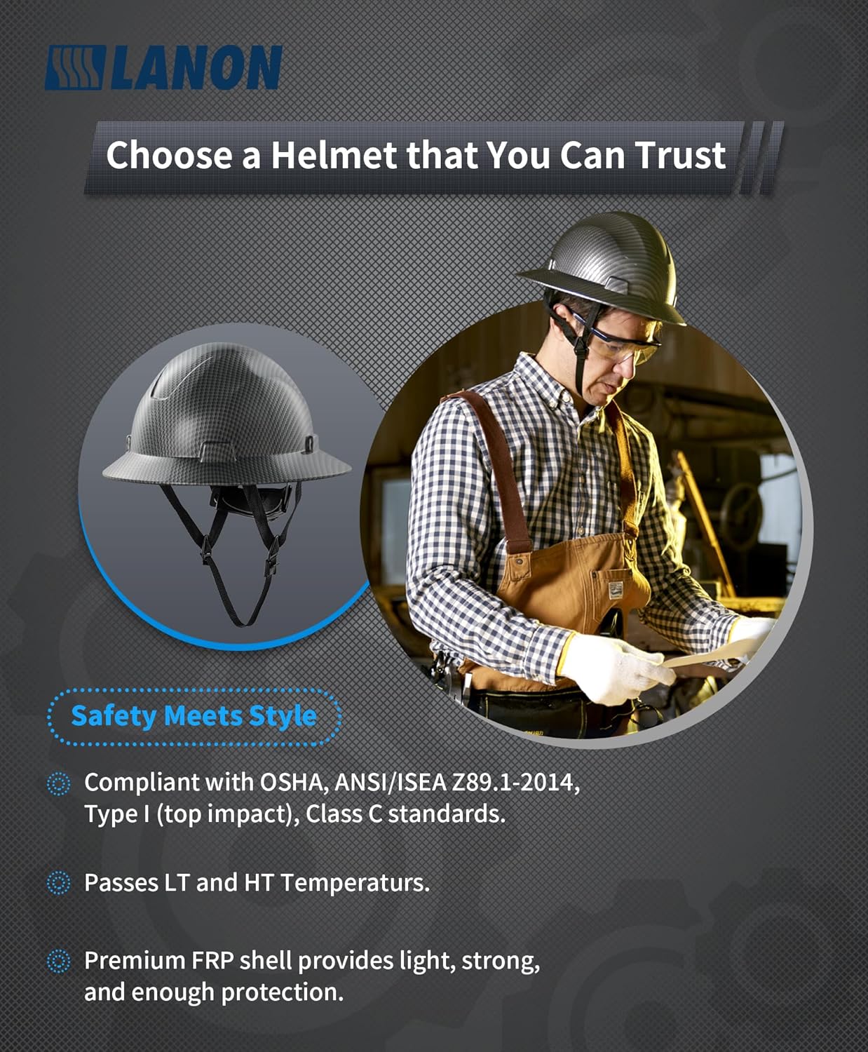 LANON Full Brim FRP Hard Hat, Class C, Premium Charcoal Gray Design