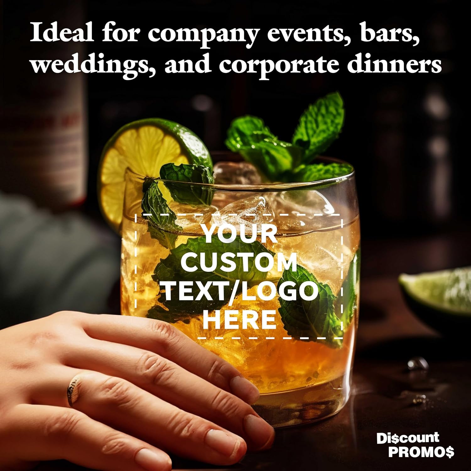 DISCOUNT PROMOS Custom Whiskey Glasses 10 oz Set of 10/50/100, Personalized Bulk Pack - Heavy Base Old Fashioned Glass, Perfect for Scotch, Bourbon