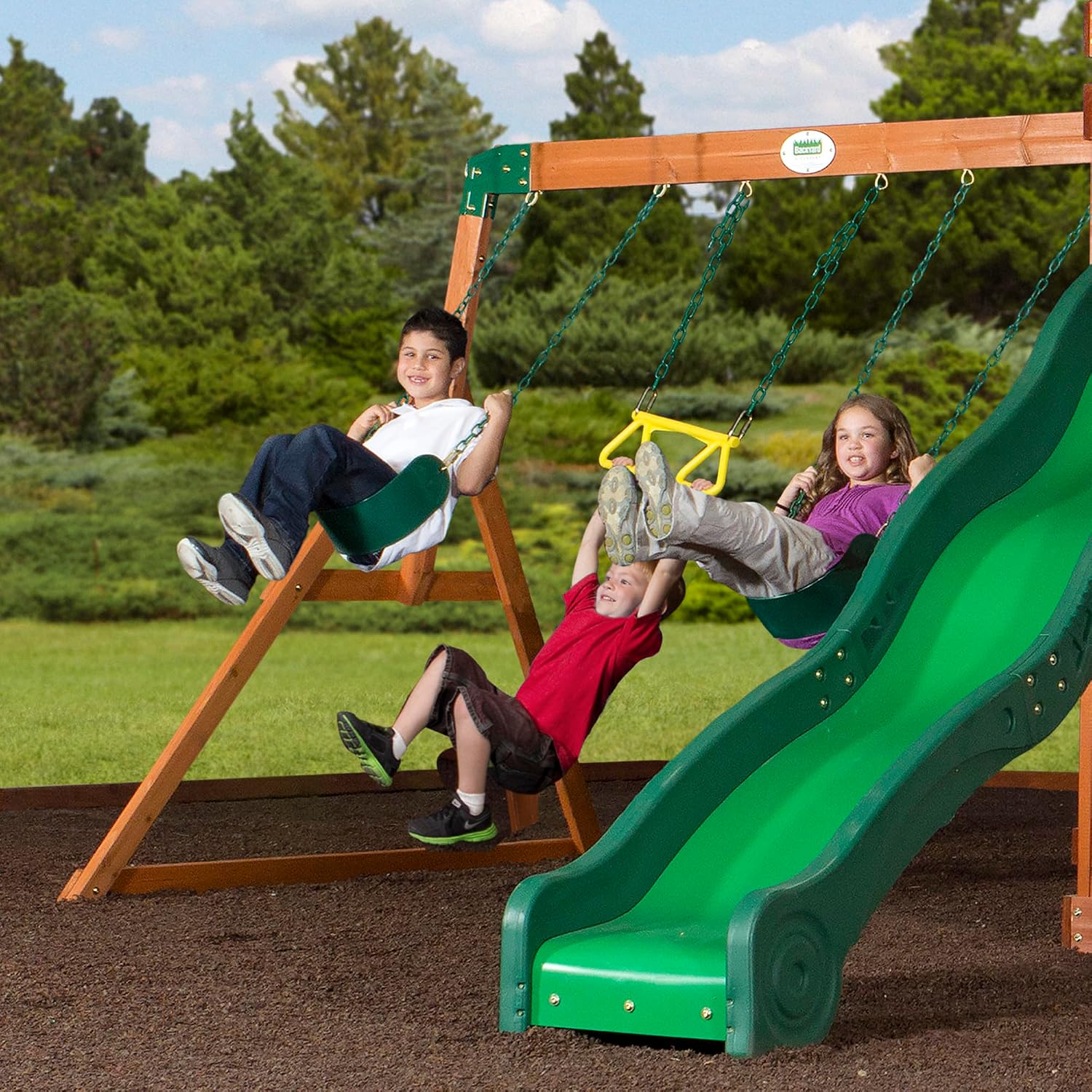 Backyard Discovery Shenandoah Cedar Wood Swing Set with Wave Slide, Raised Clubhouse, Playhouse, Play Kitchen, Belt Swings, Trapeze, Rock Wall, Ladder