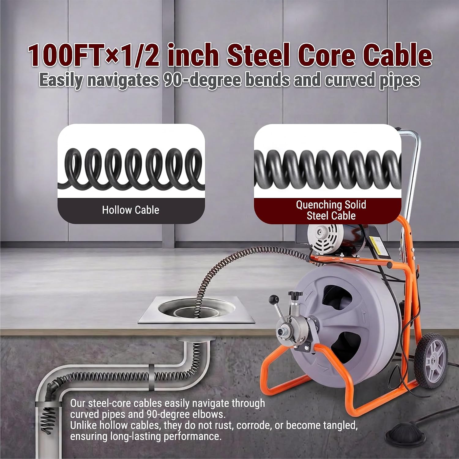HoldwellS 50FT x 5/16 Inch Drain Cleaner Machine, Electric Drain Auger for 3/4"-3" Pipes, Sewer Snake Auger with 4 Cutters & Pneumatic Foot Switch