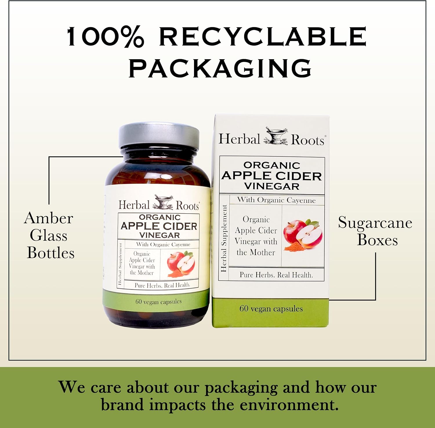 Herbal Roots Organic Apple Cider Vinegar Capsules with Mother - Pure Extra Strength - 60 Vegan Capsules