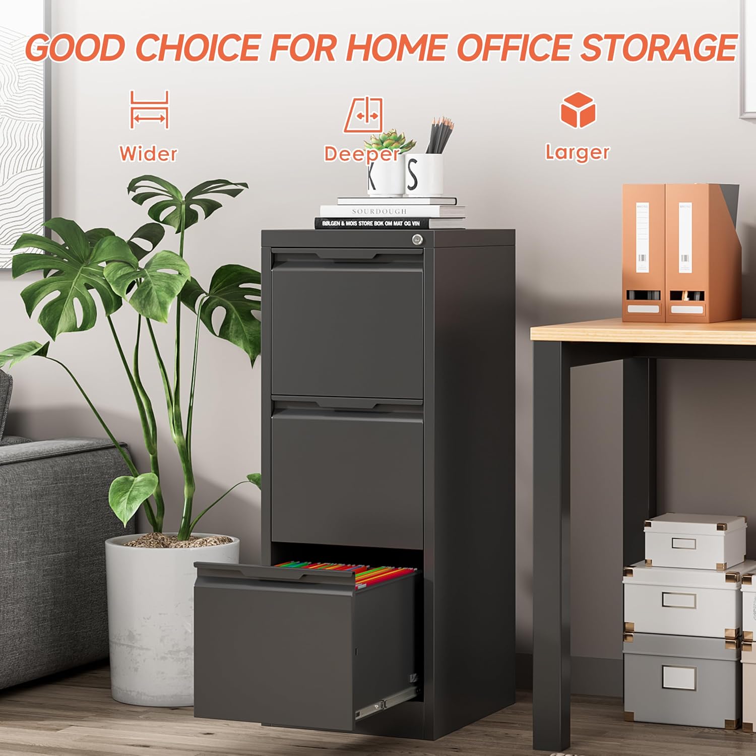 3 Drawer File Cabinet with Lock,Vertical Filing Cabinets for Home Office,Heavy Duty Metal File Cabinet for Hanging A4/Letter/Legal Size File,Vertical File Cabinet 15" W X 17.8" D X 38.3" H-Black