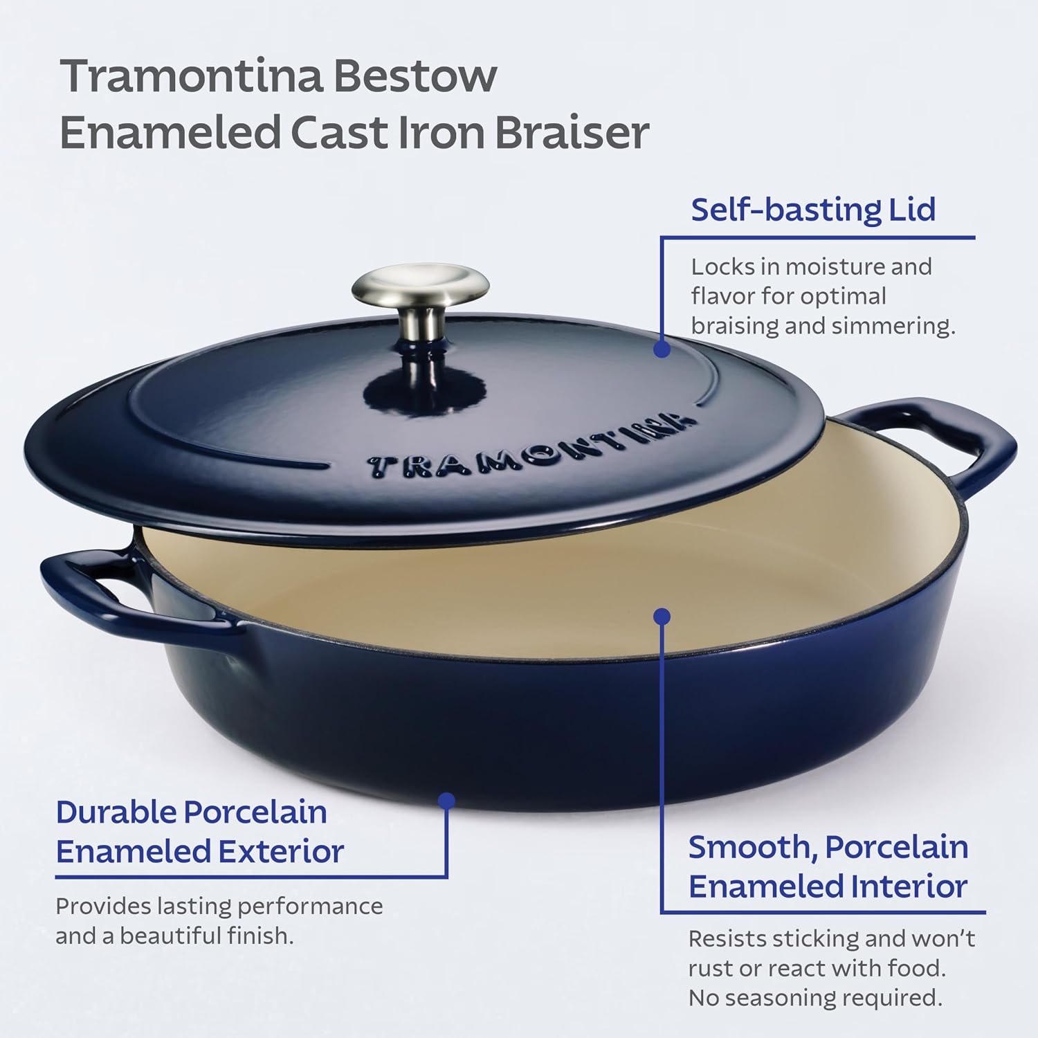 Tramontina Bestow Enameled Cast Iron 4-Qt Braiser Pan with Lid, Blue | Oven-to-Table Casserole Dish, Great for Shallow Braises & Simmers