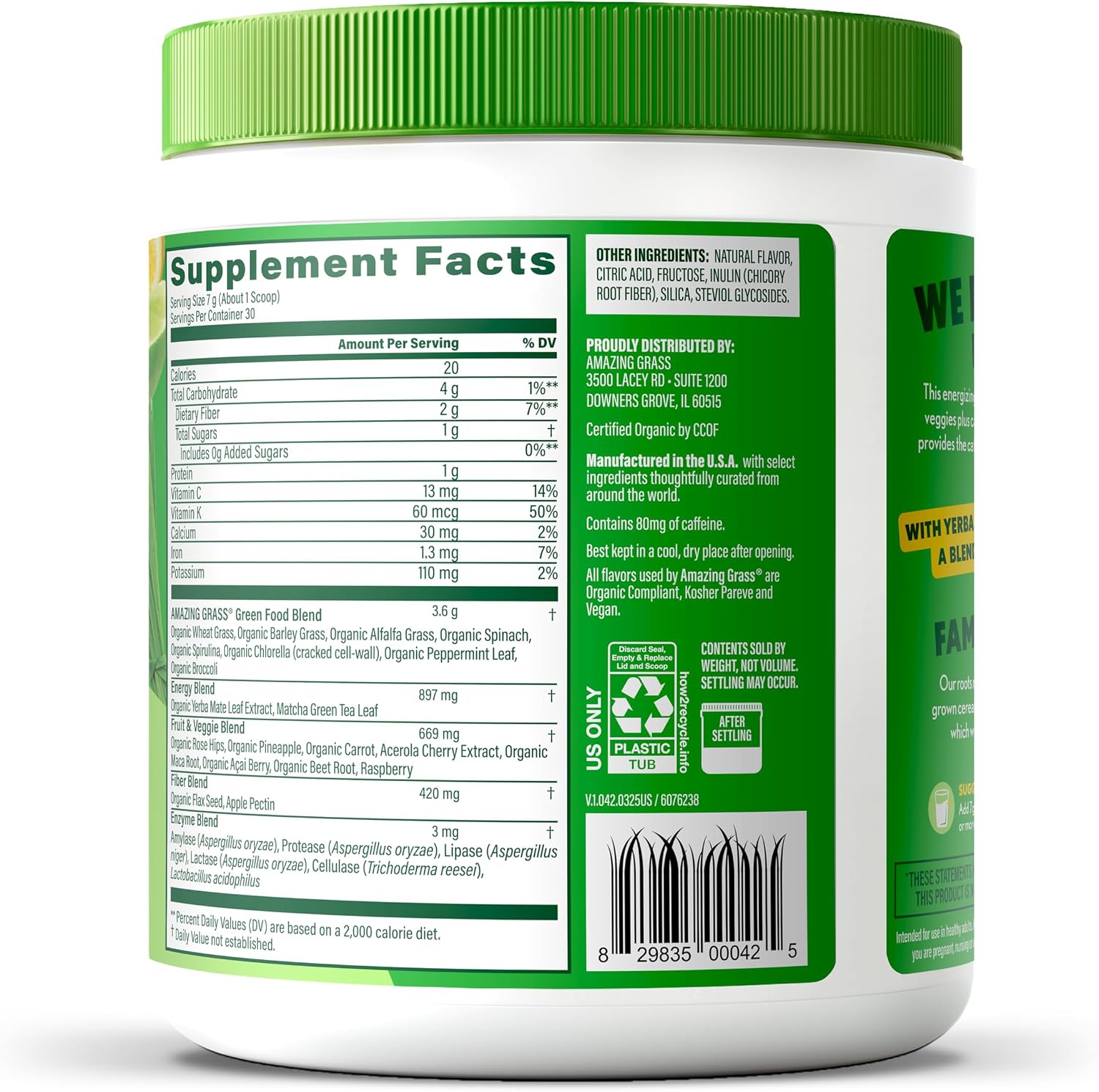 Amazing Grass Super Greens Powder Energy Lemon Lime, 30 Servings | Organic Energy Greens Powder with Plant-Based Caffeine, Yerba Mate & Green Tea Leaf for Sustained Energy & Focus