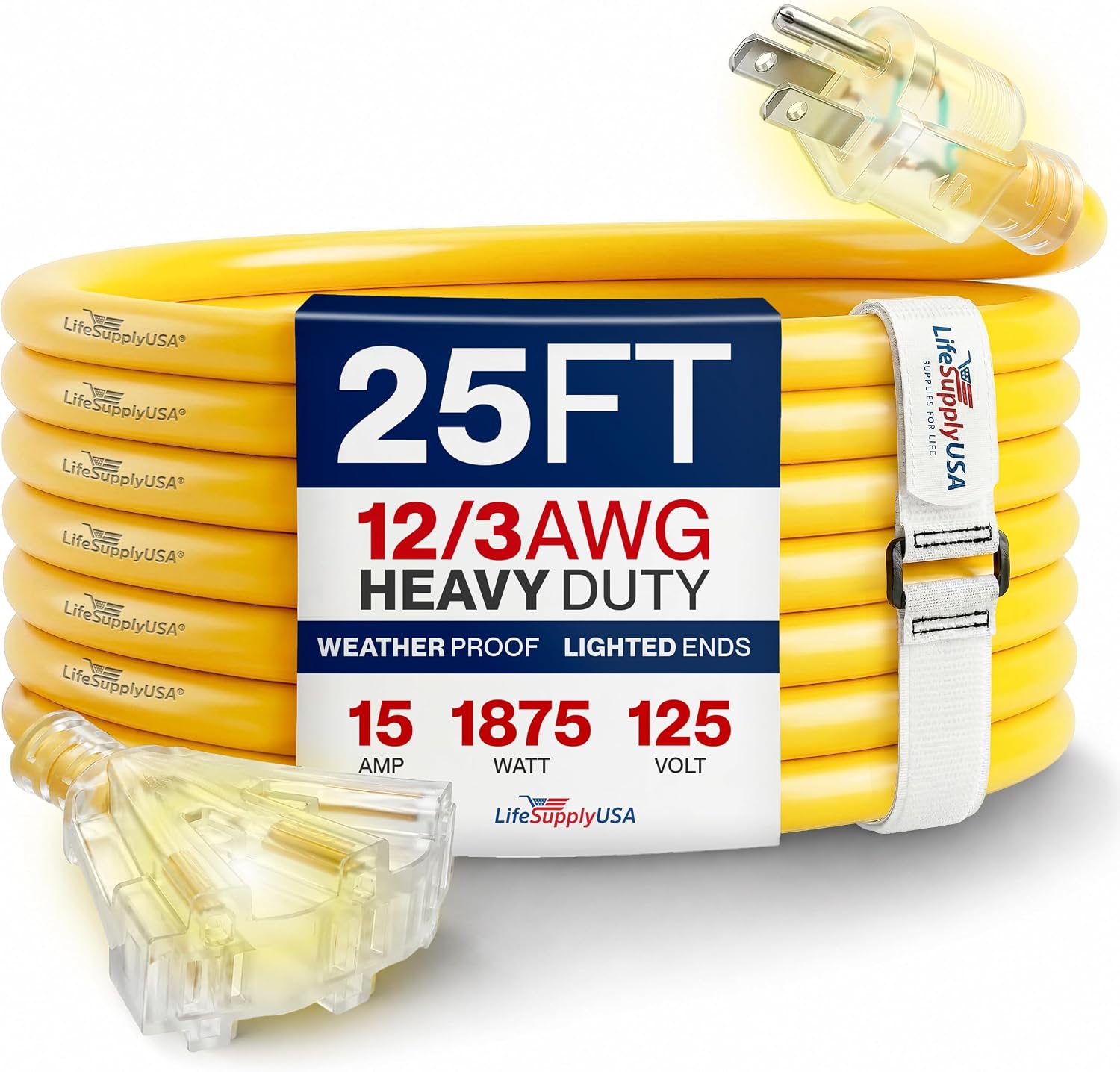 25ft Outdoor/Indoor Extension Cord 3-Outlet 12/3 Gauge Extra Heavy Duty 3 Prong SJTW, Waterproof, Flexible Cold-Resistant Long Power Cord,15A 125V 1875W, Yellow by LifeSupplyUSA