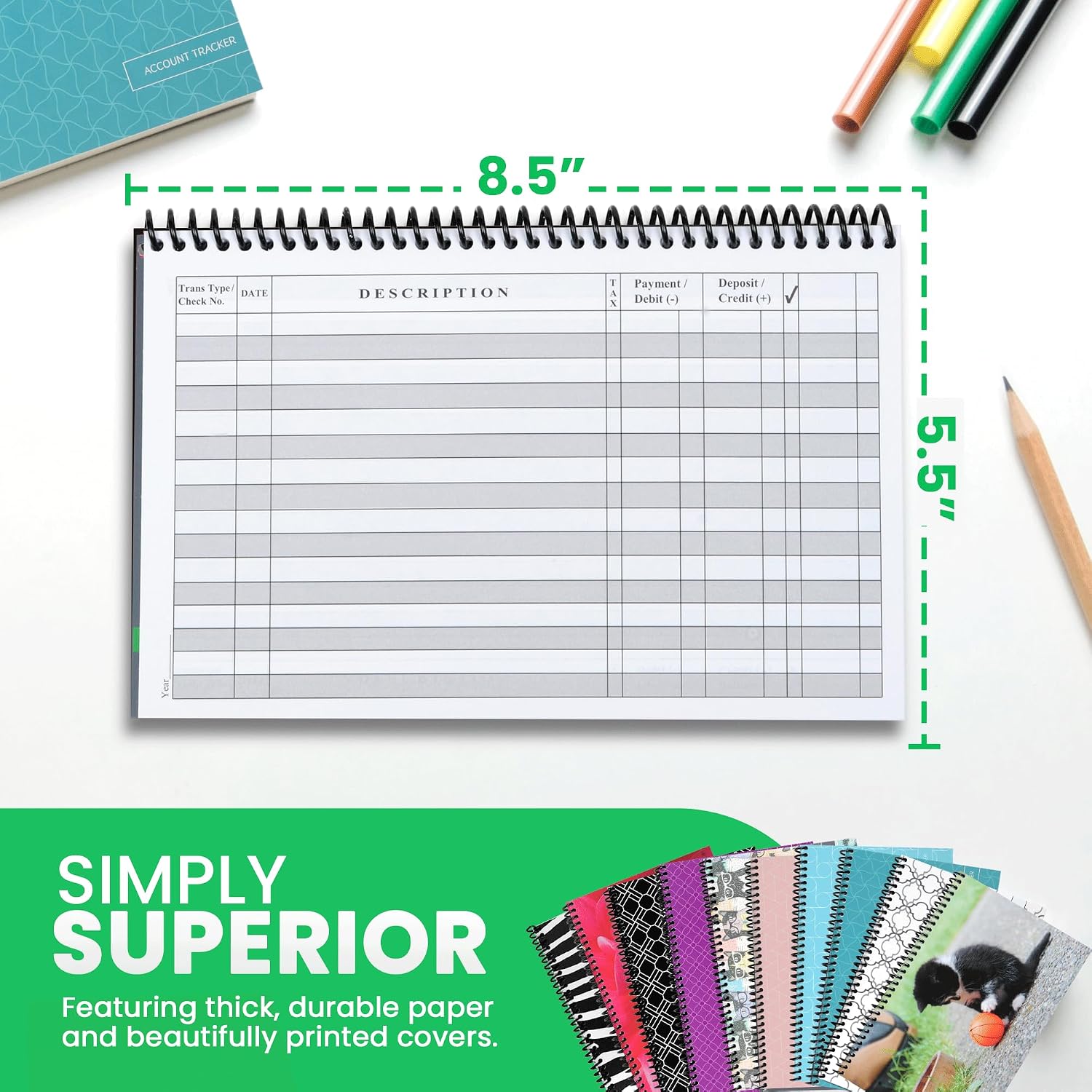 The Superior Register - Simple Account Tracker - Big Checkbook Register & Financial Ledger - Debit Card Register - Bank Register - 1 Pack, Teal, Wide Edition