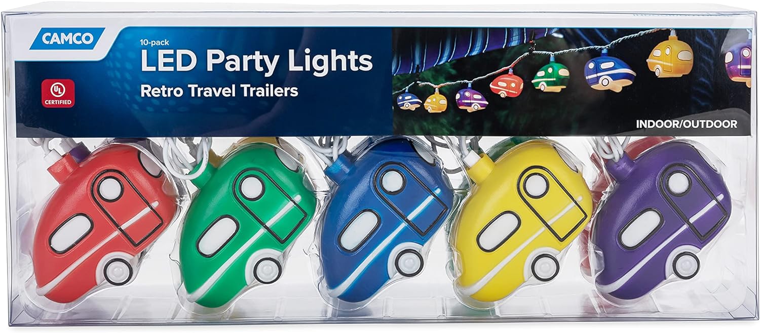 Camco Retro Travel Trailer Party Lights - Features an 8' Strand with (10) Travel Trailer Lights - Camping String Lights - Perfect for RV Awnings and