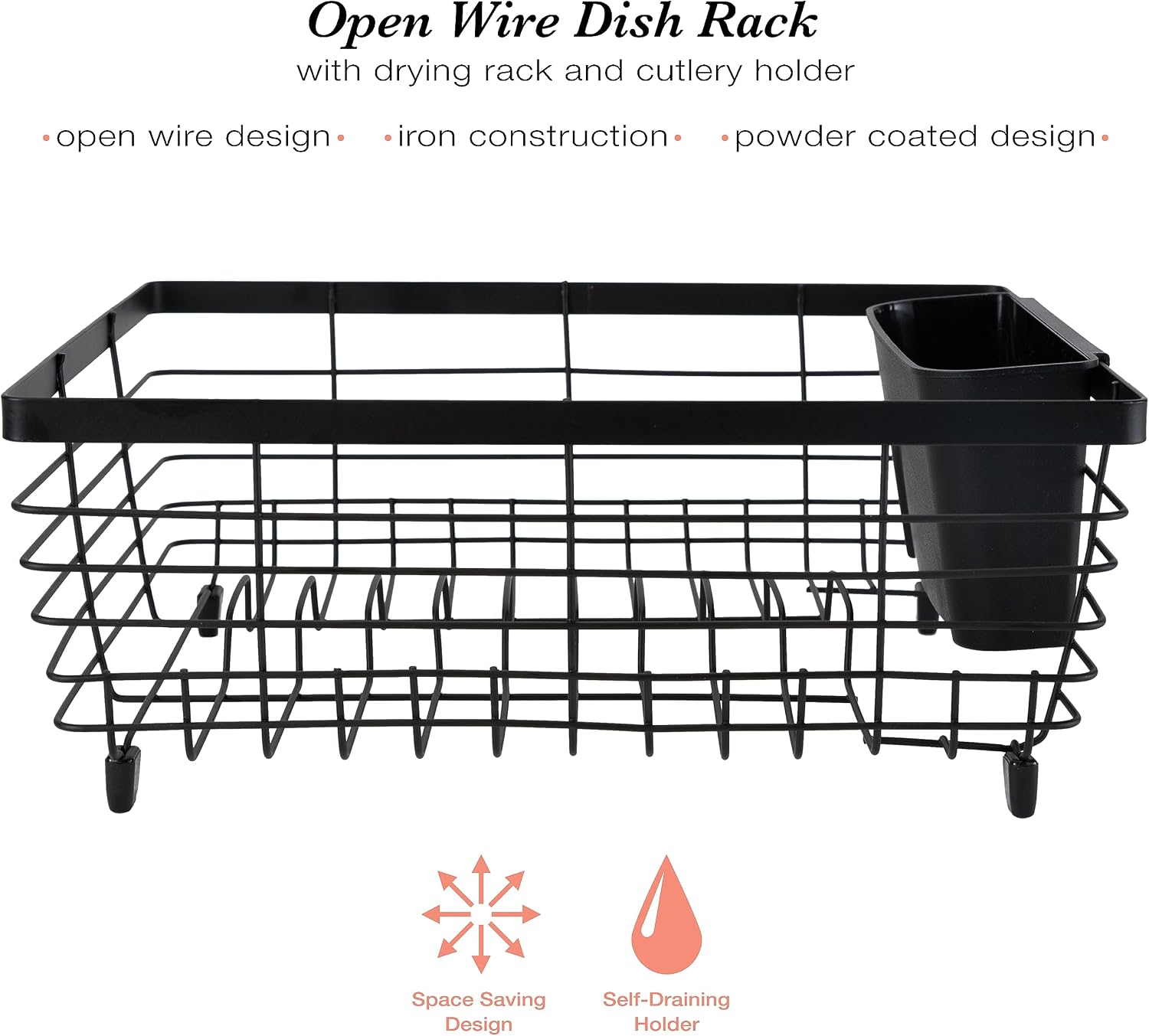 Kitchen Details Flat Wire Countertop or Over The Sink Dish Drying Rack with Cutlery Basket | Holds up 10 Dishes | Mugs | Kitchen Accessories | Black