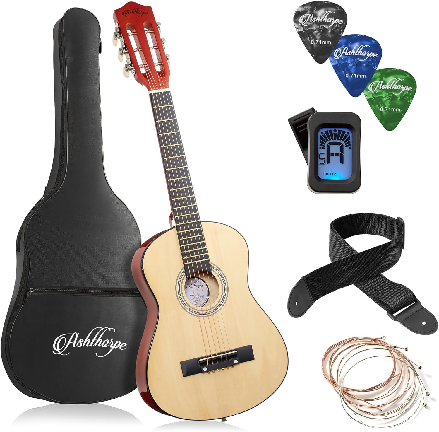 Ashthorpe 38-inch Beginner Acoustic Guitar (Red), Starter Kit with Gig Bag, Extra Strings, Strap, Picks, and Lessons