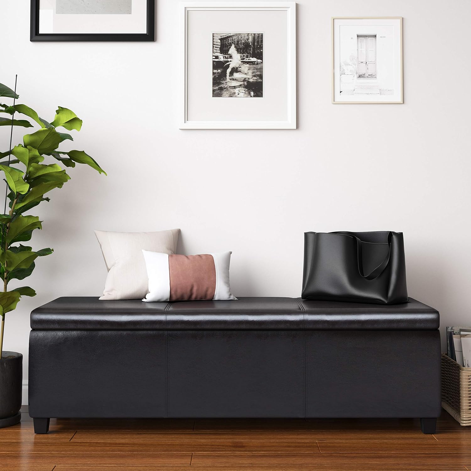 SIMPLIHOME Avalon 54" Wide Vegan Leather Storage Ottoman in Tanners Brown
