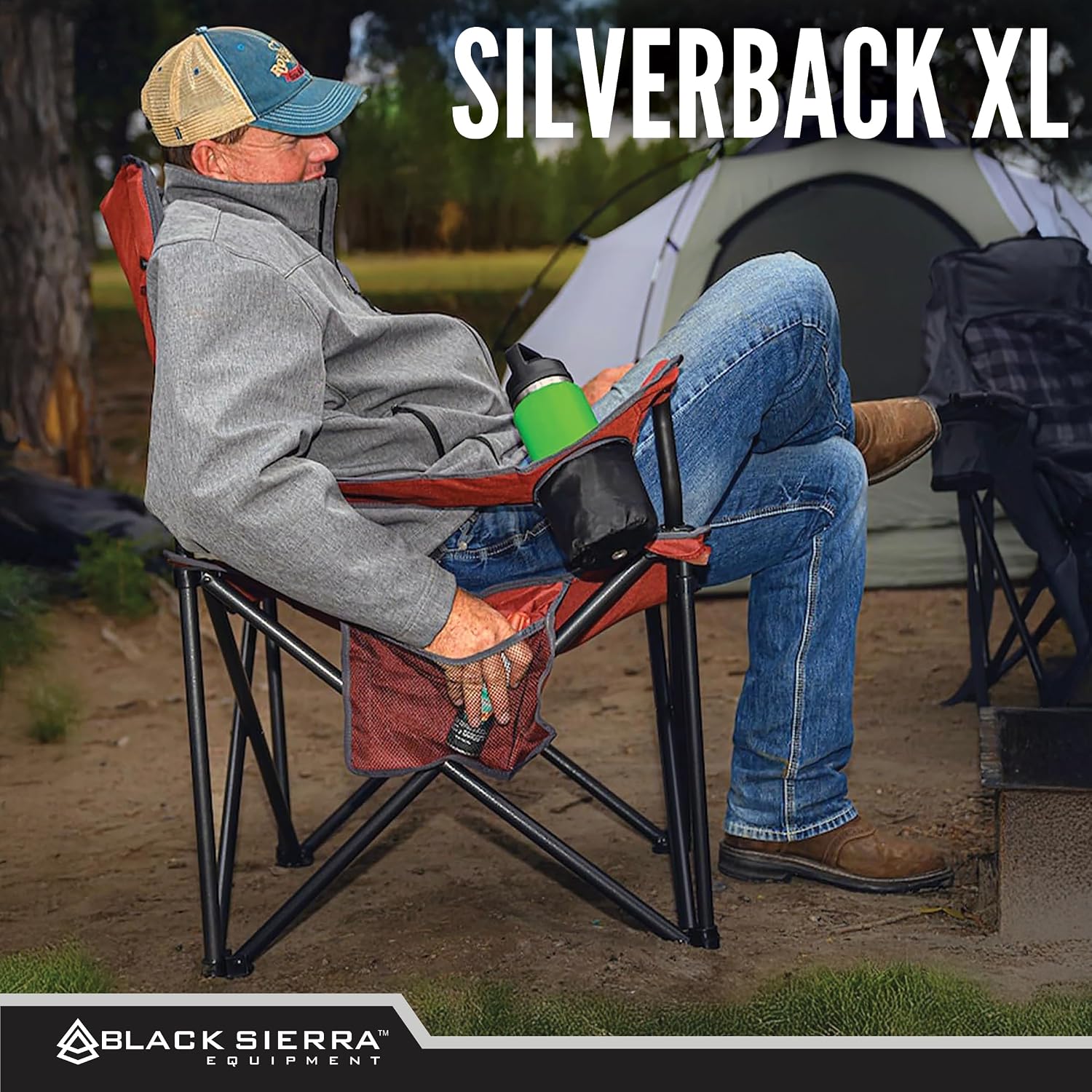 Black Sierra Oversize XL Camping Chair Supports 500 lbs, Padded Folding Outdoor Chair w/ 2 Cupholders and Carrybag