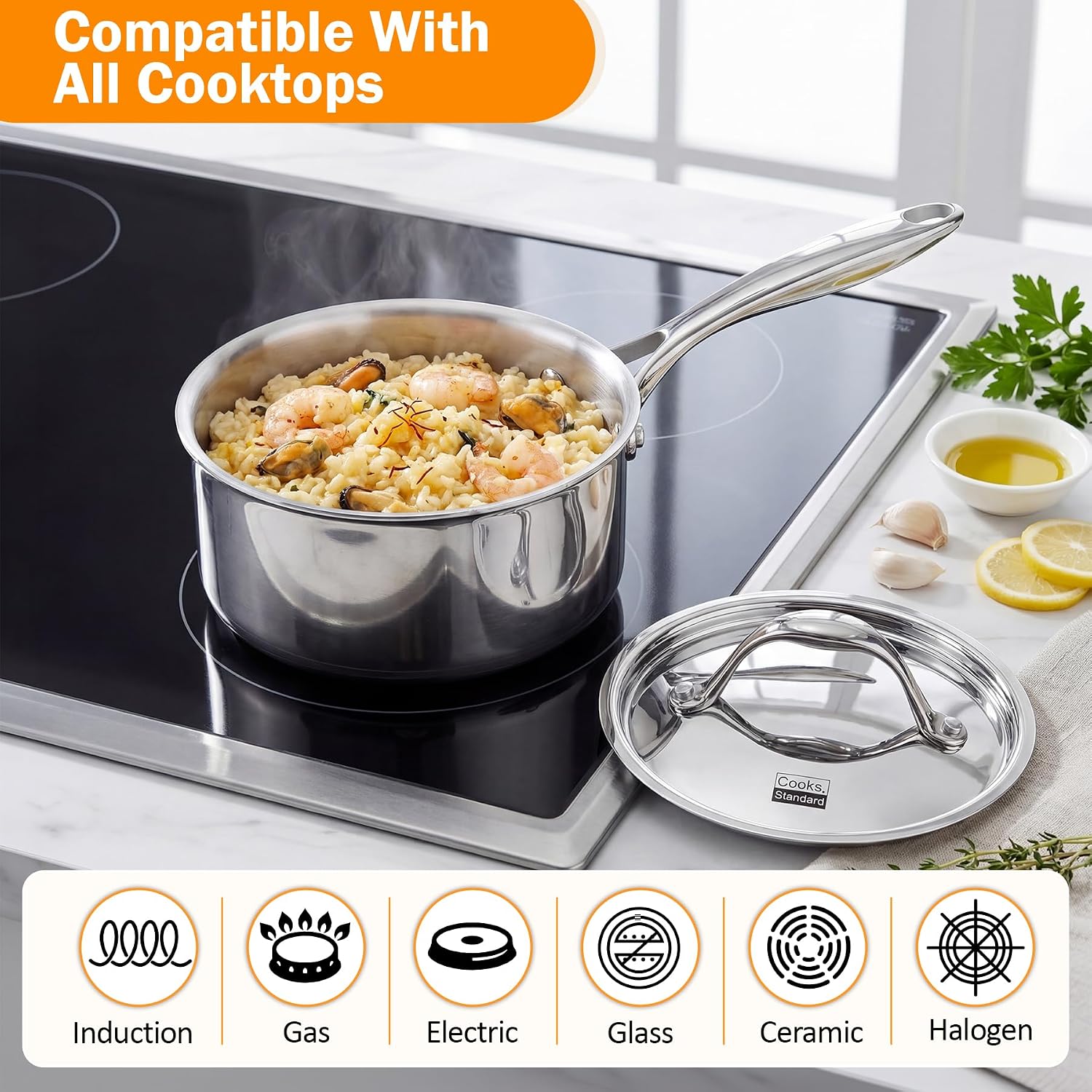 Cooks Standard Multi-Ply Clad 1.5 Quart Stainless Steel Saucepan with Lid, Small Kitchen Induction Cooking Sauce Pot Pan, Dishwasher & Oven Safe, Compatible with All Cooktops