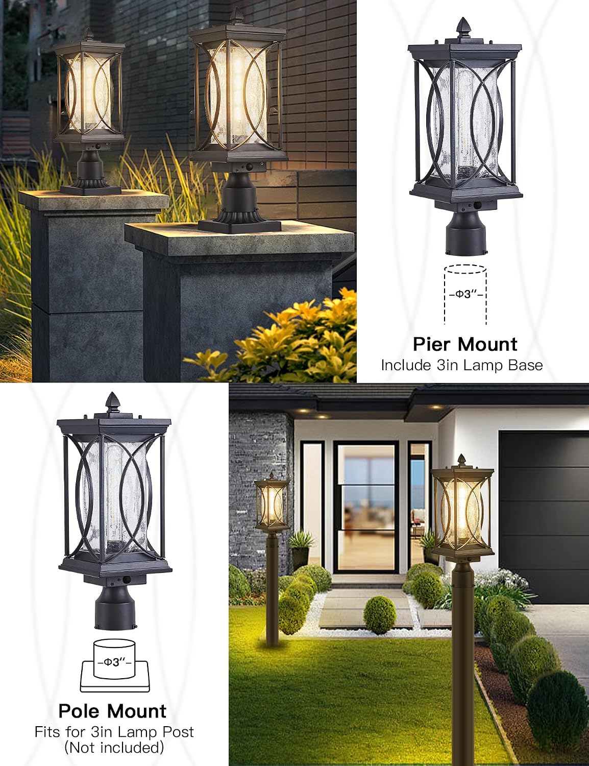 Dusk to Dawn Modern Outdoor Coach Lantern Exterior Light Fixtures Black Aluminum with Crack-Like Glass Waterproof Wall Sconce Mission Outside Light