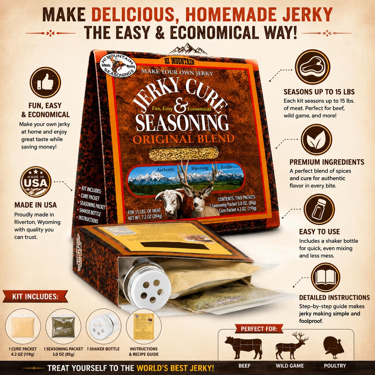Hi Mountain ORIGINAL BLEND Jerky Seasoning and Cure Kit | Beef & Venison | Classic savory flavor, perfect jerky seasoning for deer, elk