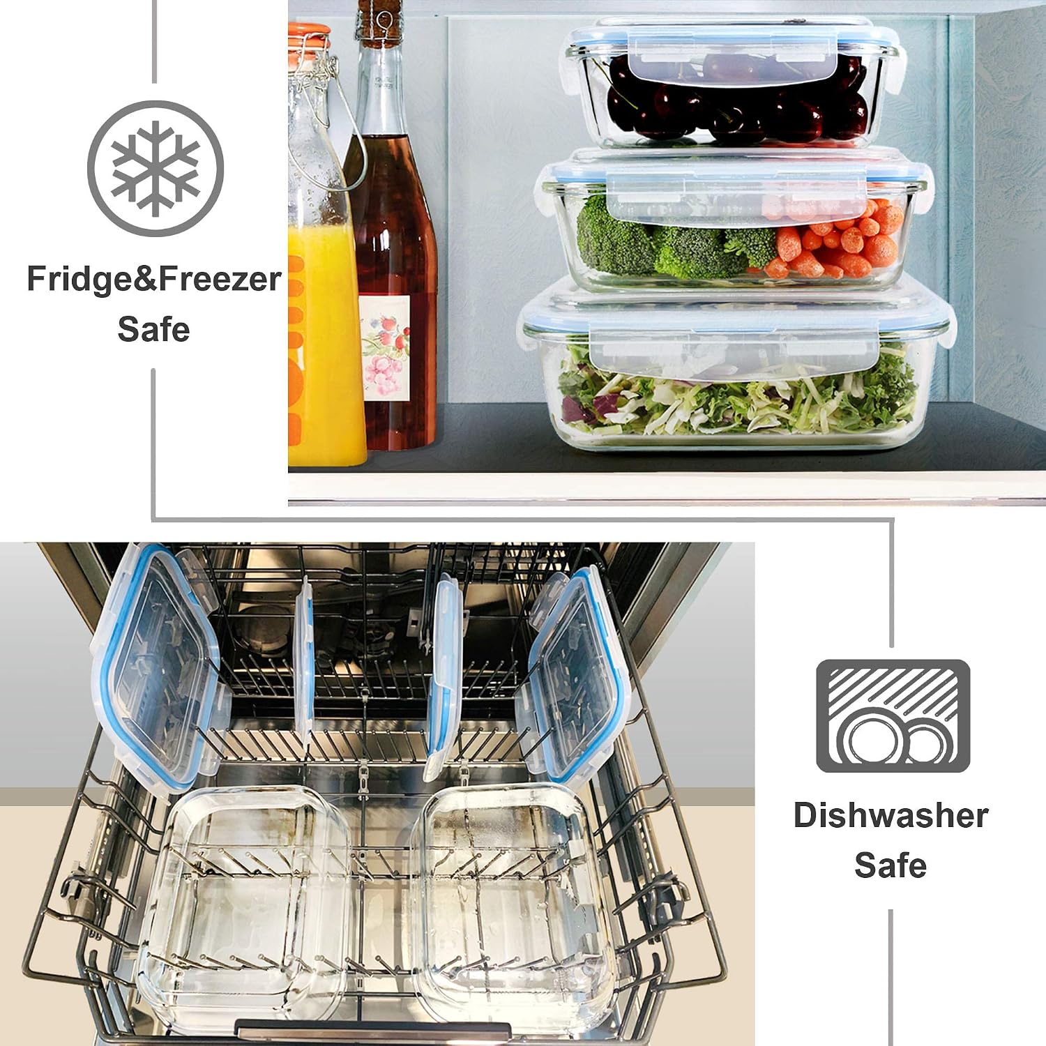 Glass Food Storage Containers Set, Large Size Containers with Lids, BPA-free Locking lids, 100% Leak Proof Glass Meal Prep Containers