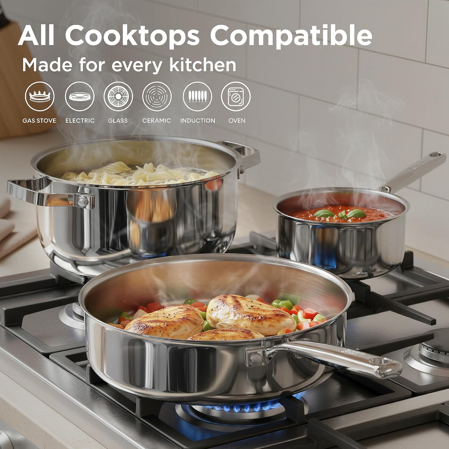Tri-Ply Stainless Steel Cookware Set, 10pcs Pots and Pans Set Non Toxic | PFOA Free, Oven Safe to 900℉, Dishwasher Safe, All Cooktop Compatible