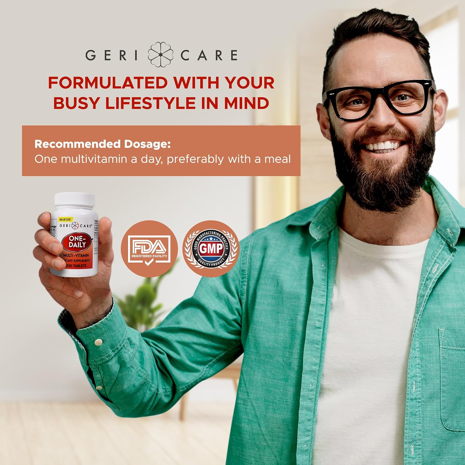 GeriCare One-Daily Multi-Vitamin Tablet, 100 Count Adult Multivitamin Supplement | Easy-to-Take Dietary Supplement with Vitamins A, C, D3, B, Calcium| Vitamin & Mineral Complex (2 Pack)
