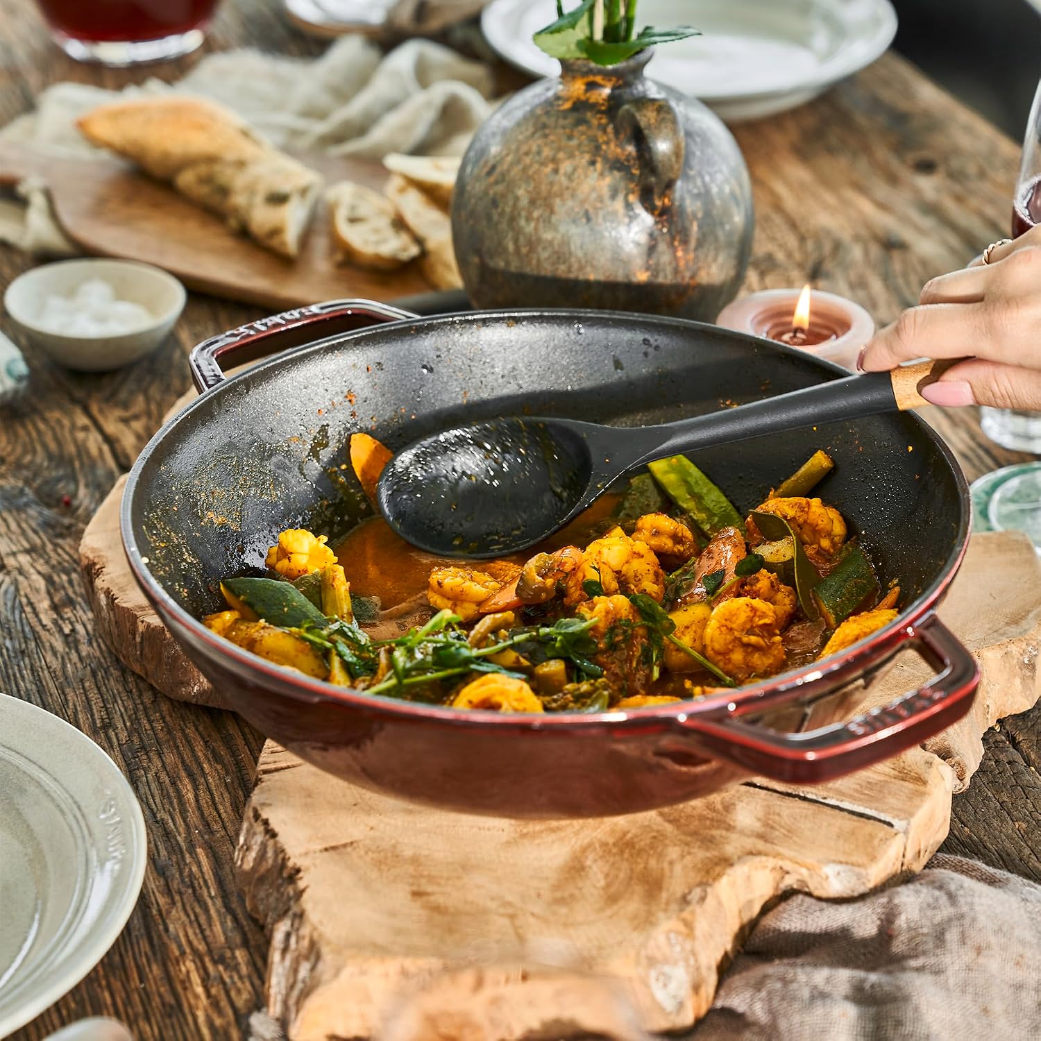 Staub Cast Iron Perfect Pan, Wok, Dutch Oven, 4.5-quart, serves 4-5, Made in France, Dark Blue