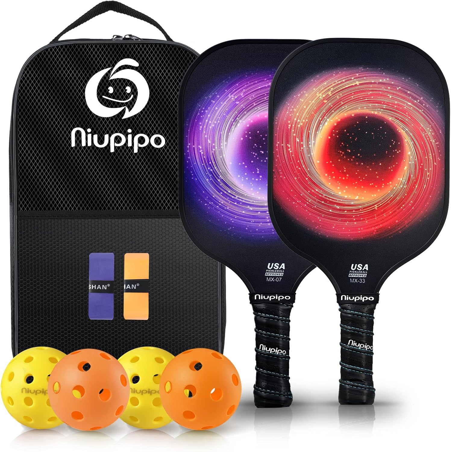 niupipo Pickleball Paddles Set of 2 or 4, USAPA Approved Fiberglass Pickleball Paddle Set with Balls and Bag, Polypropylene Honeycomb Core
