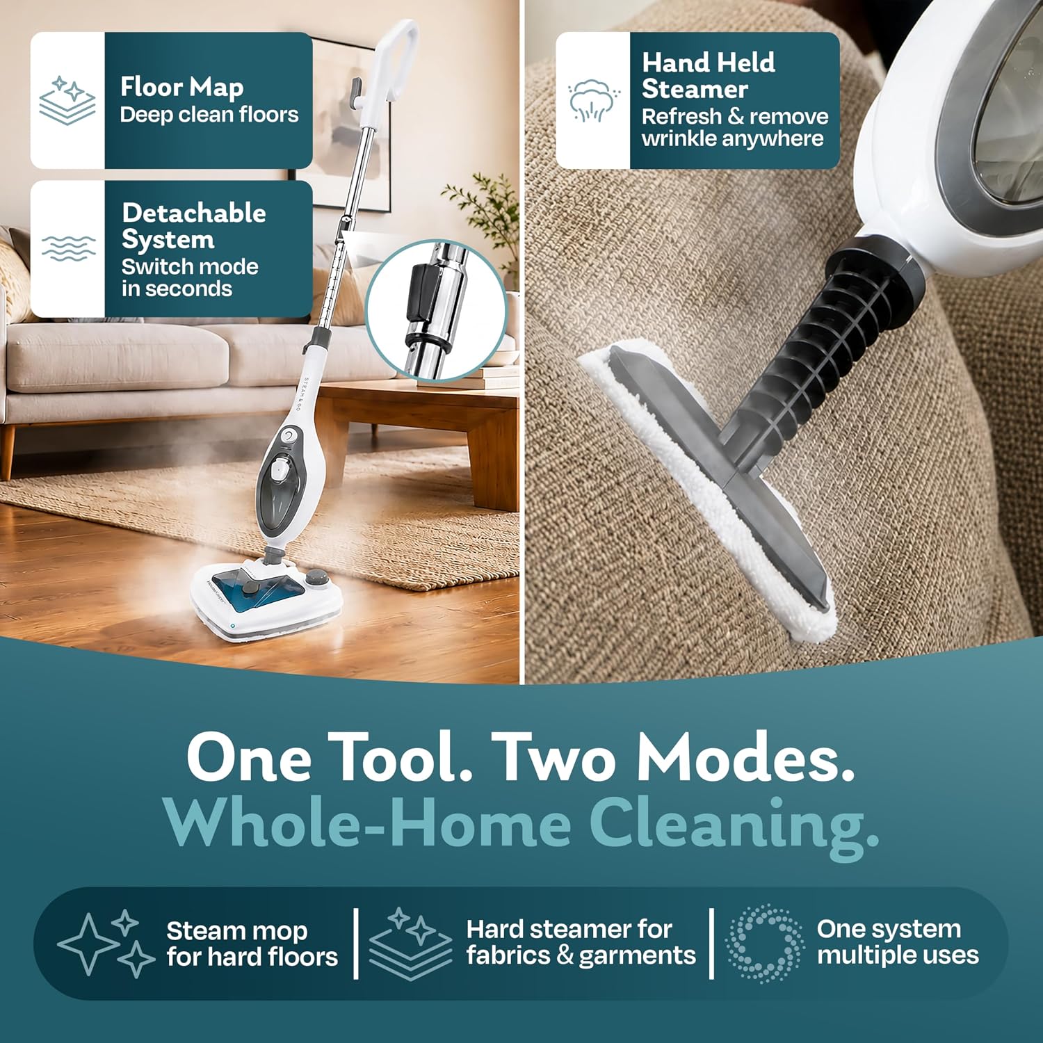 Steam & Go 10-in-1 Multi-Surface Steam Mop - Deep Clean with Heat | Converts to handheld cleaner for grout, upholstery & furniture