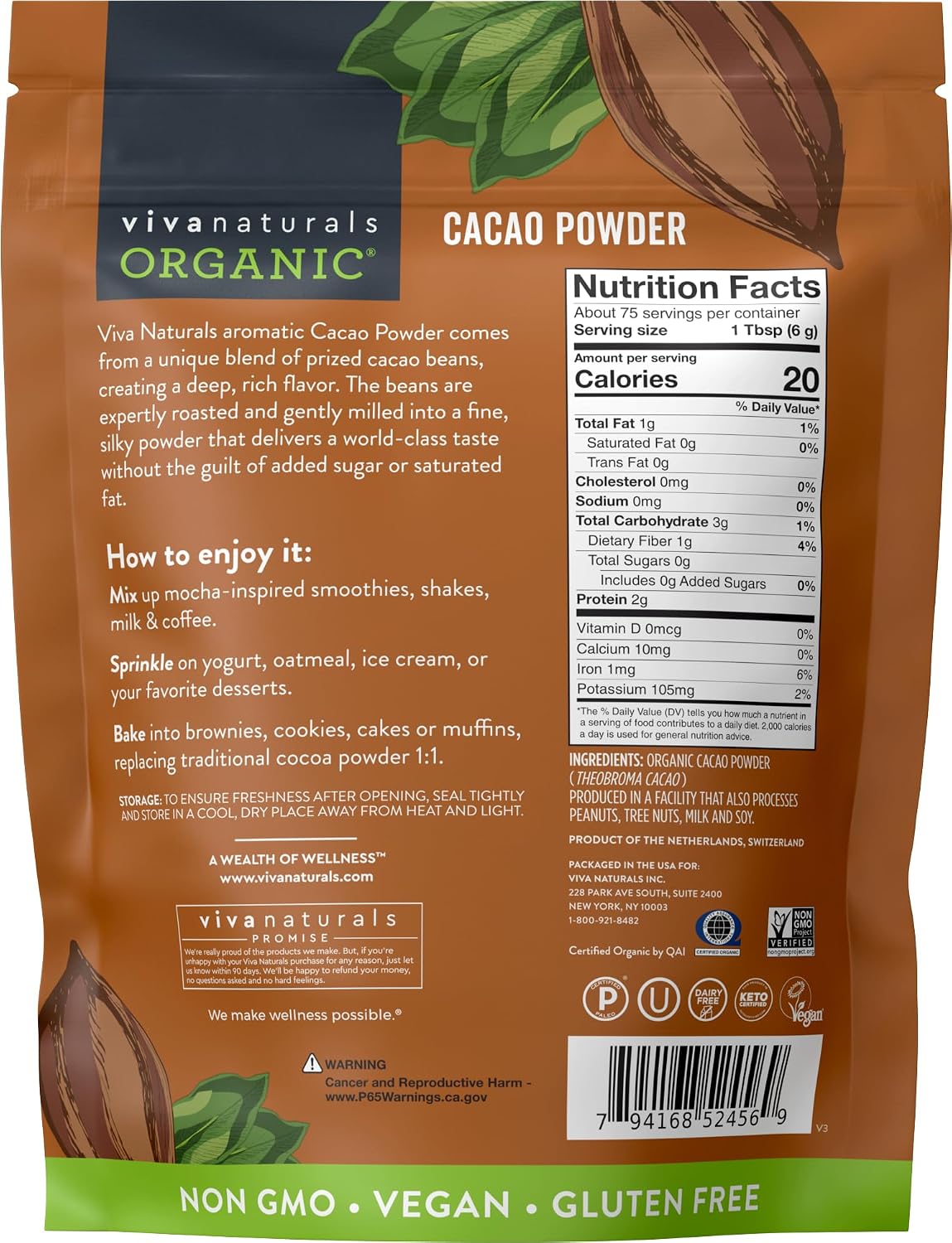 Organic Cacao Powder, Unsweetened, 1 lb (454 g) – Rich Dark Chocolate Flavor, Perfect for Baking, Smoothies & Hot Chocolate – Vegan, Keto, Paleo, Non-GMO & Gluten-Free Cocoa Powder