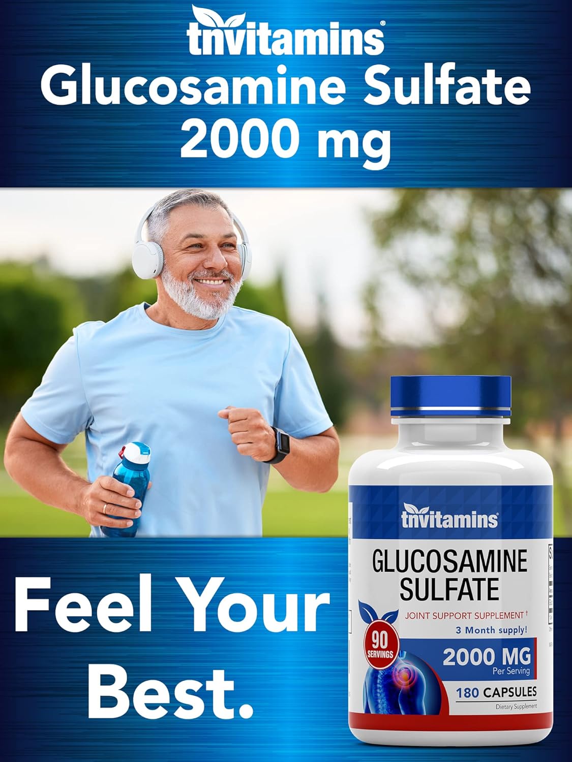 tnvitamins Glucosamine Sulfate Capsules 2000 MG (180 Count) | Joint Support* Supplement for Women & Men | Produced in The USA | Promotes Flexibility