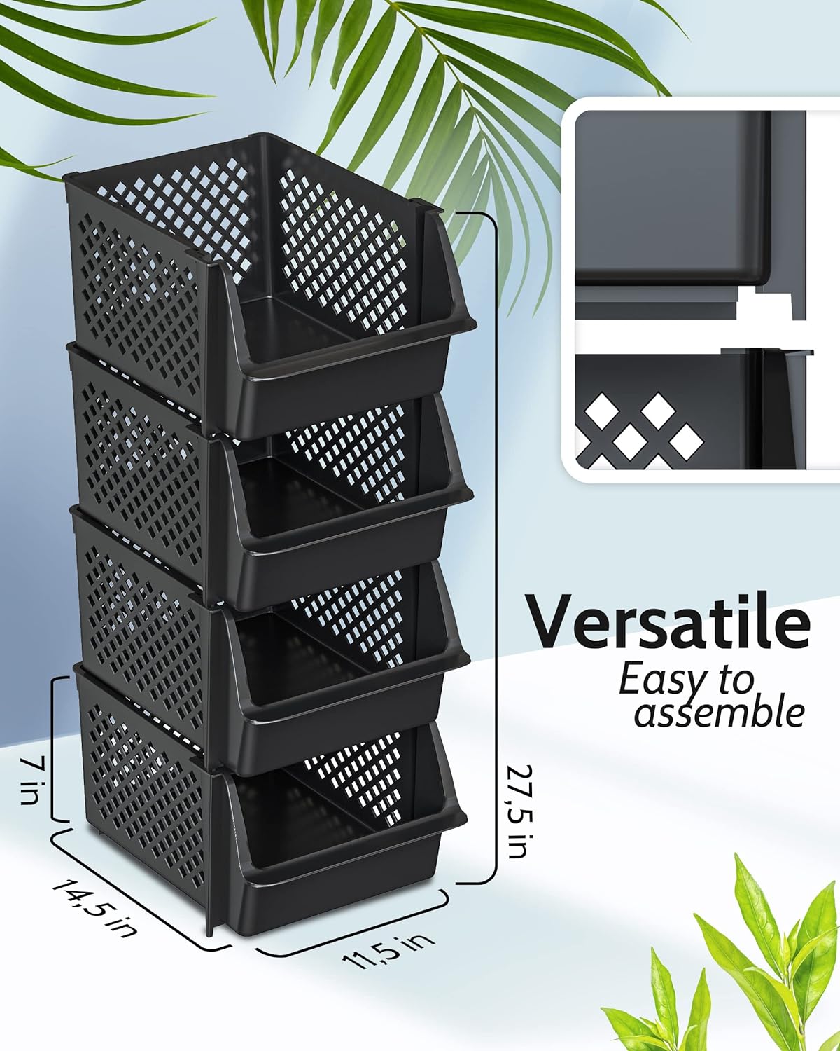 Skywin Stackable Storage Bins Open Front for Pantry Storage, 4 Pack - Black