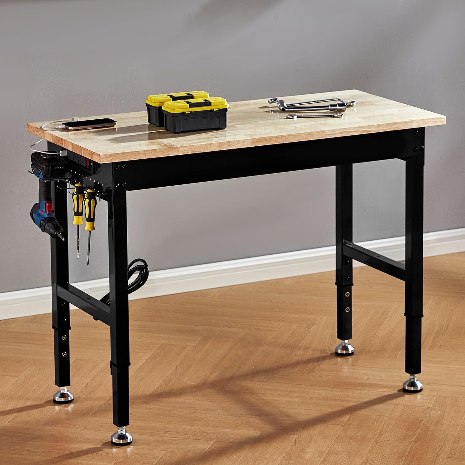 Albott 44 x 20-Inch Adjustable Workbench | 2000 Lbs Capacity, Solid Rubber Wood Top, Power Outlets and Hooks, for Garage, Workshop and Home Office, Black